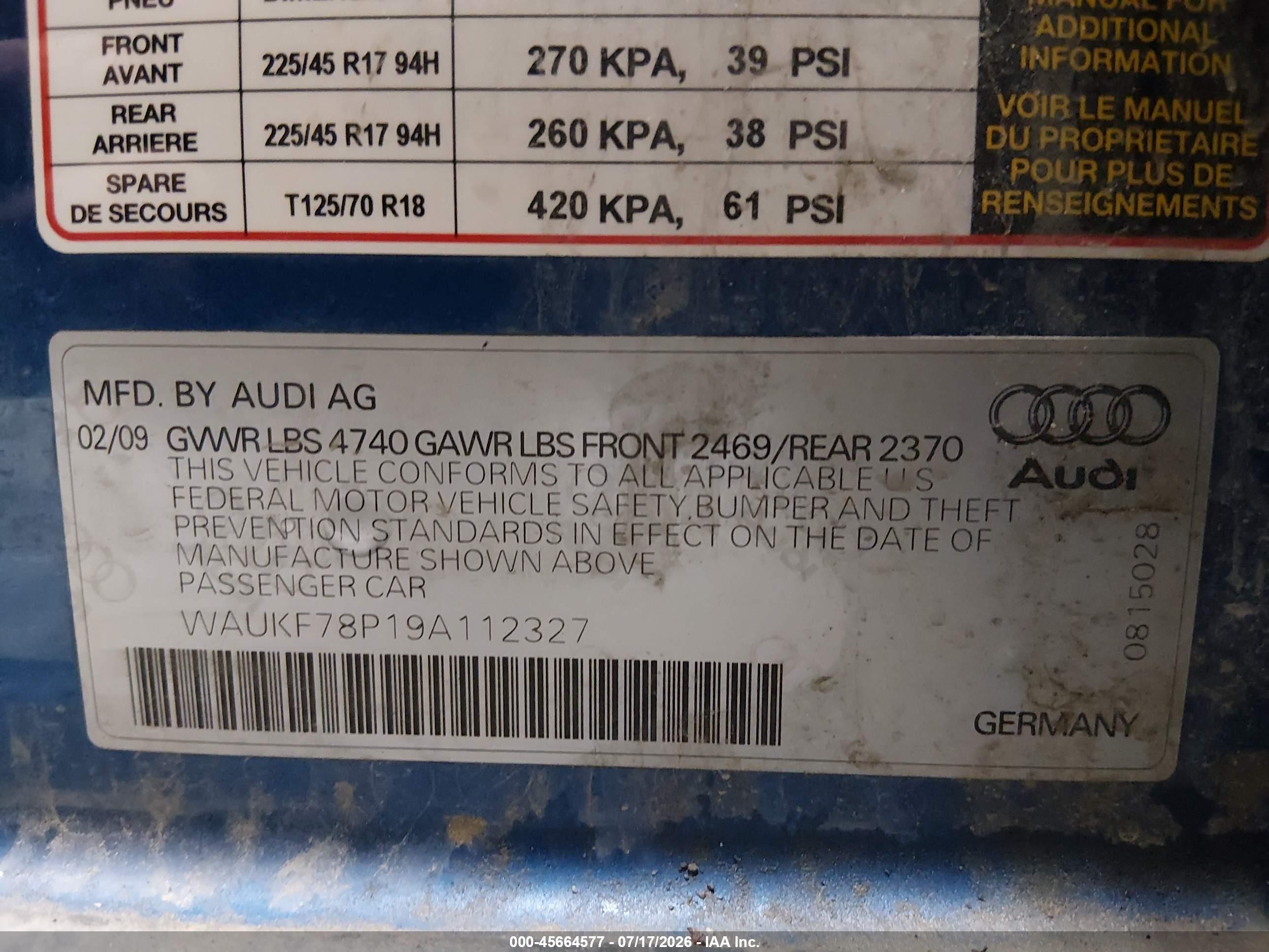 2009 Audi A3 2.0t Blue vin: WAUKF78P19A112327