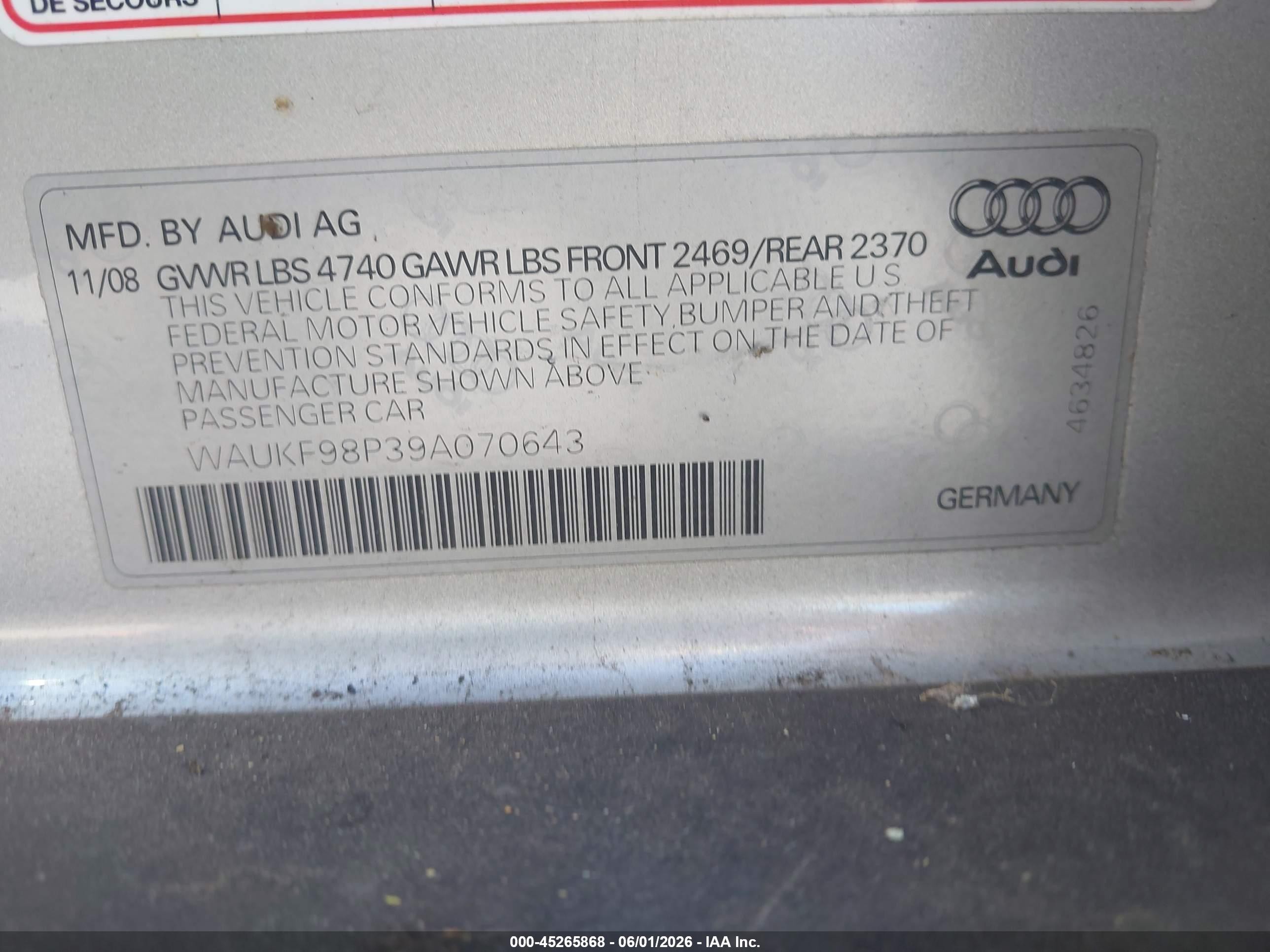 2009 Audi A3 2.0t Silver vin: WAUKF98P39A070643