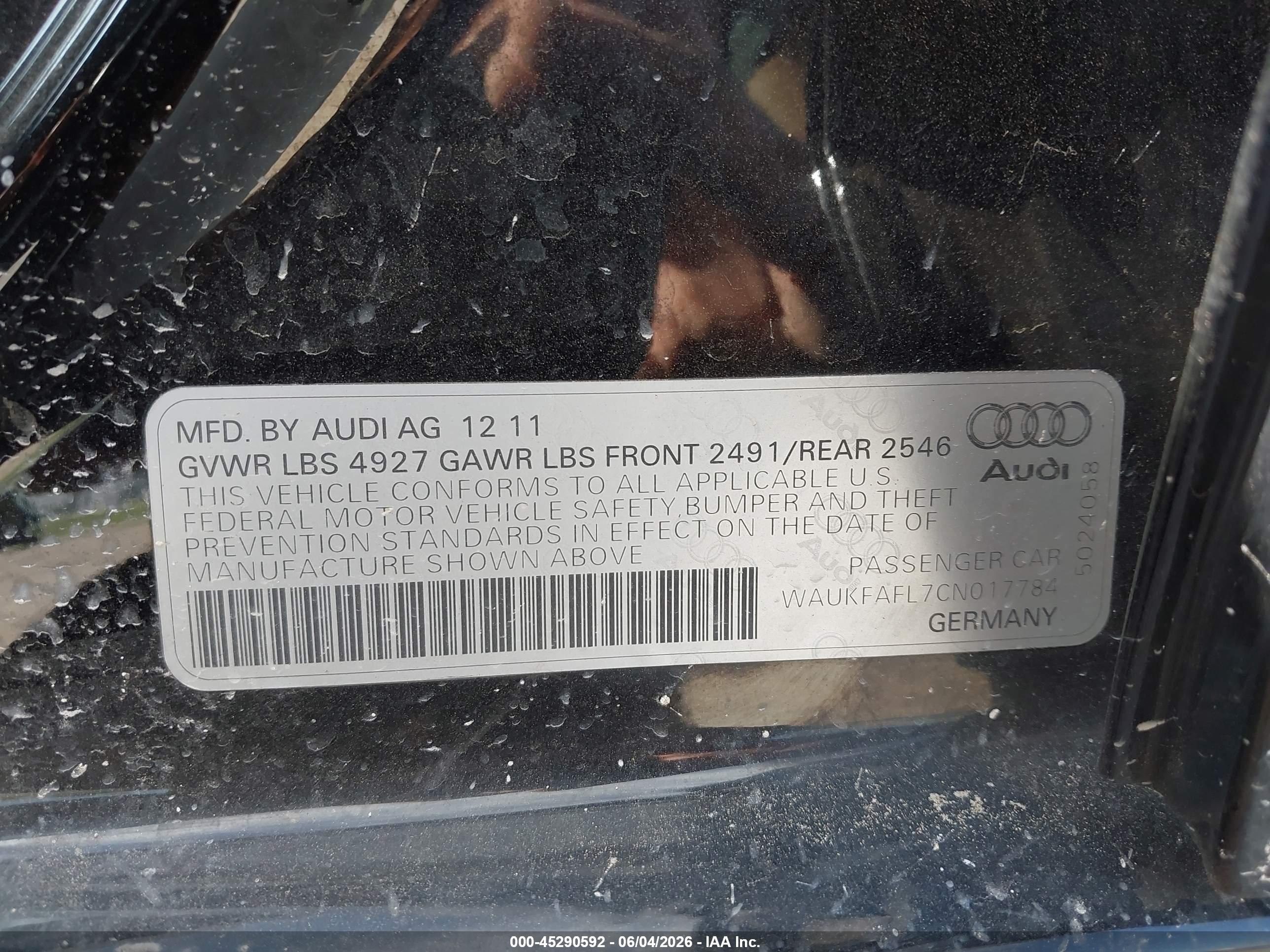 2012 Audi A4 2.0t Premium Black vin: WAUKFAFL7CN017784