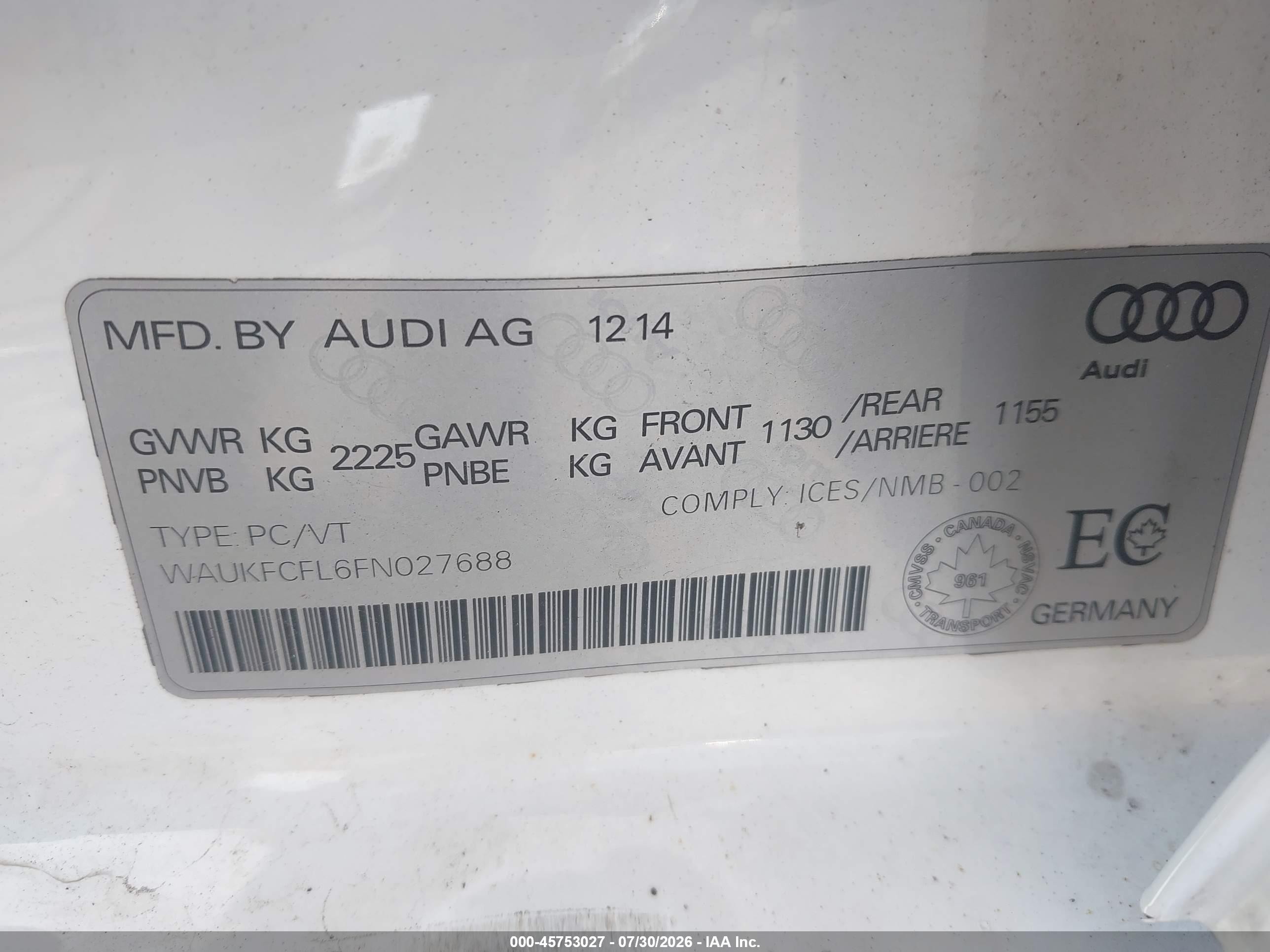 2015 Audi A4 2.0t Premium White vin: WAUKFCFL6FN027688