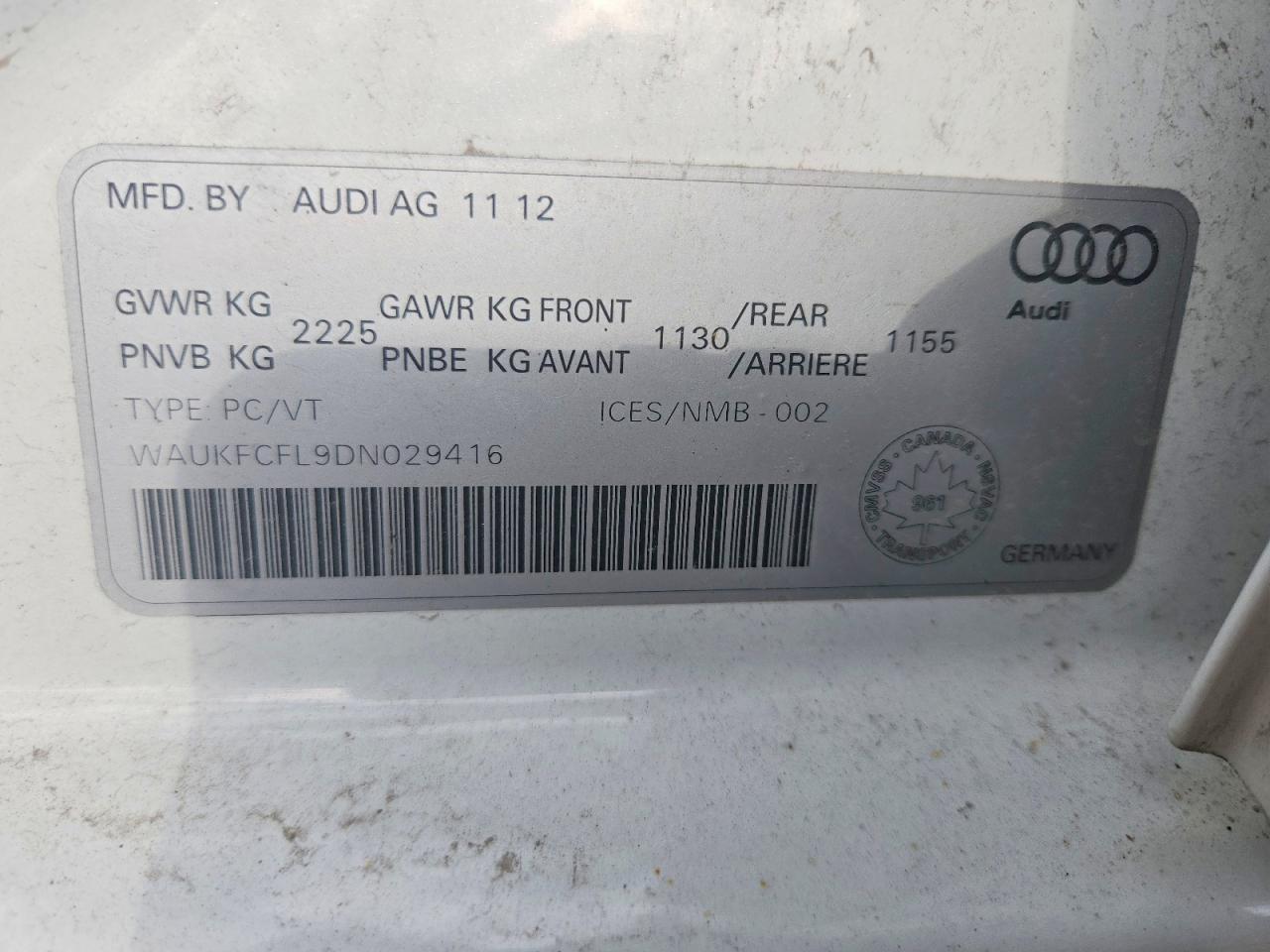 2013 Audi A4 Prestige White vin: WAUKFCFL9DN029416