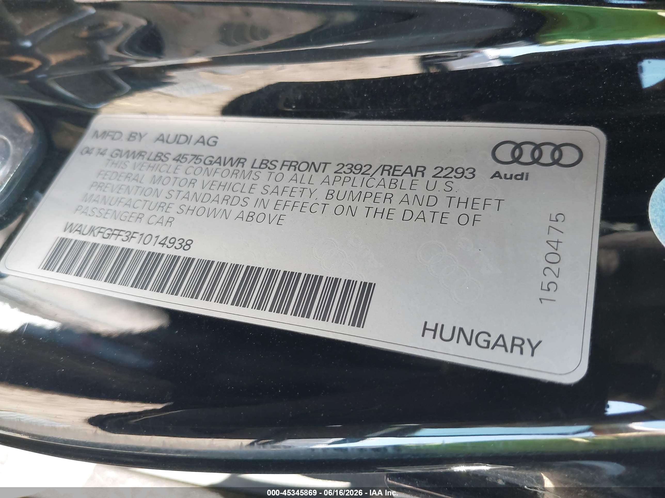 2015 Audi A3 2.0t Premium Black vin: WAUKFGFF3F1014938