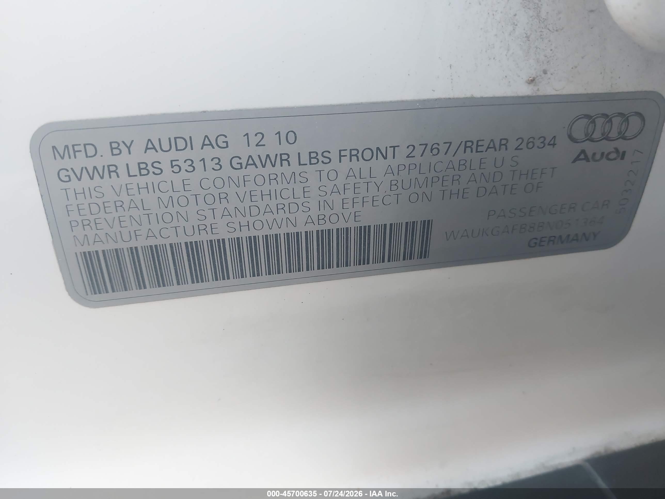 2011 Audi A6 3.0 Premium White vin: WAUKGAFB8BN051364