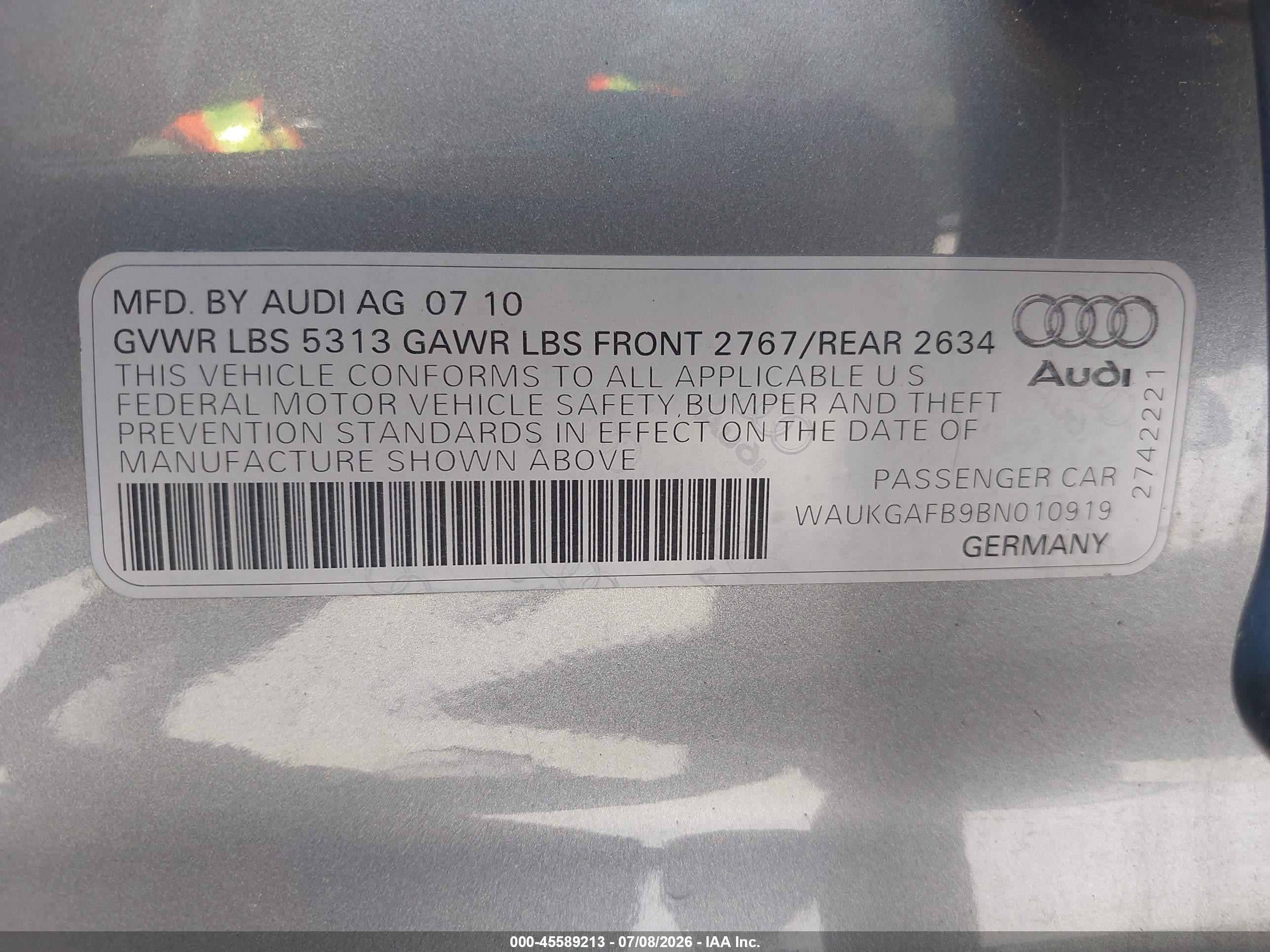 2011 Audi A6 3.0 Premium Light Blue vin: WAUKGAFB9BN010919