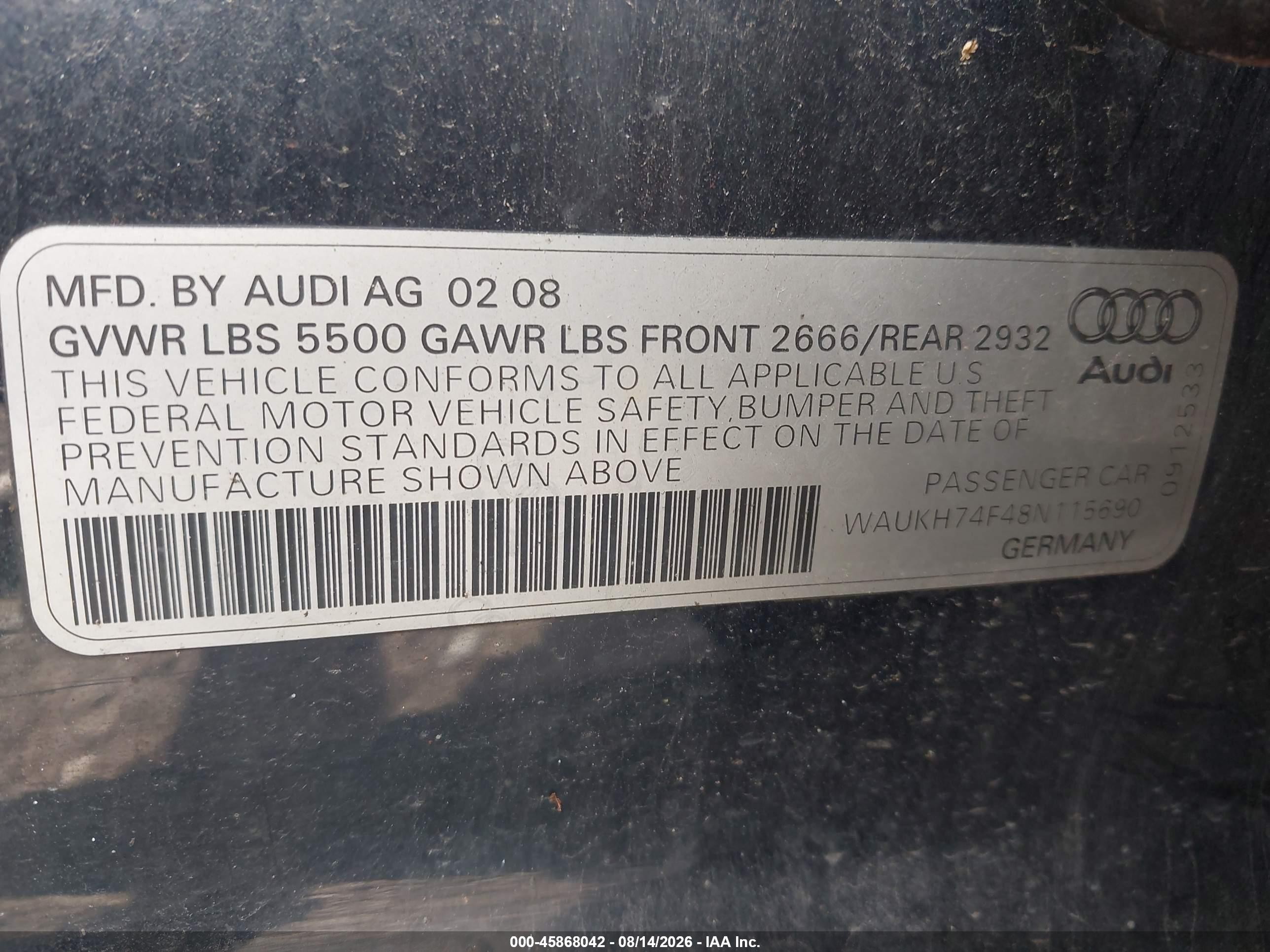 2008 Audi A6 3.2 Avant Dark Blue vin: WAUKH74F48N115690