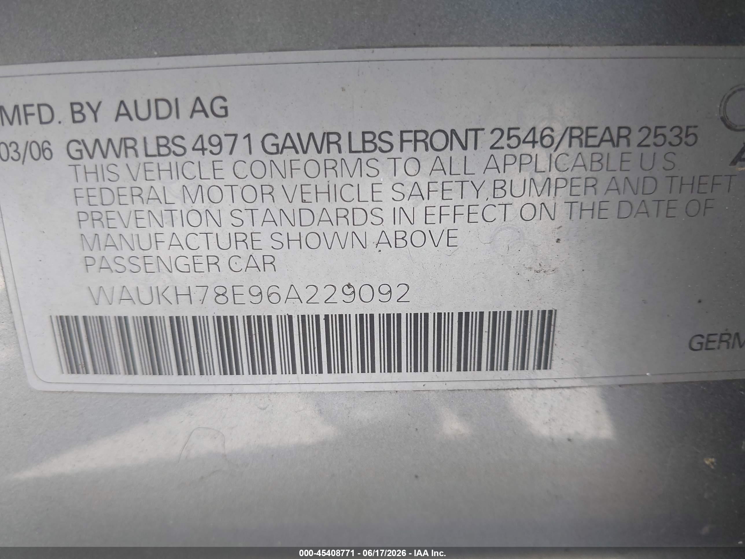2006 Audi A4 3.2 Avant Silver vin: WAUKH78E96A229092