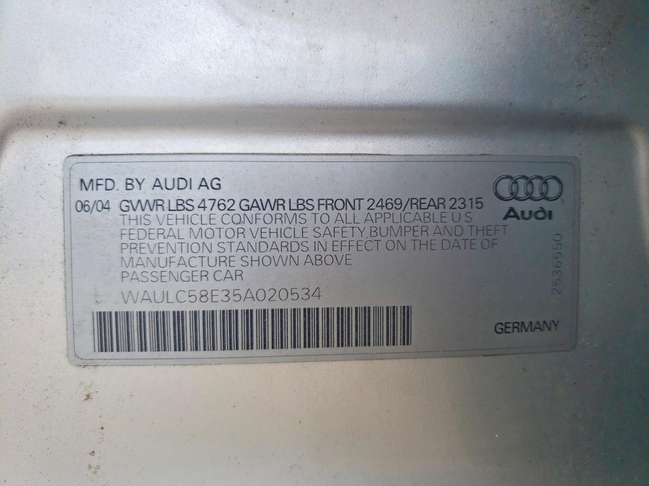 2005 Audi A4 1.8t Quattro Silver vin: WAULC58E35A020534