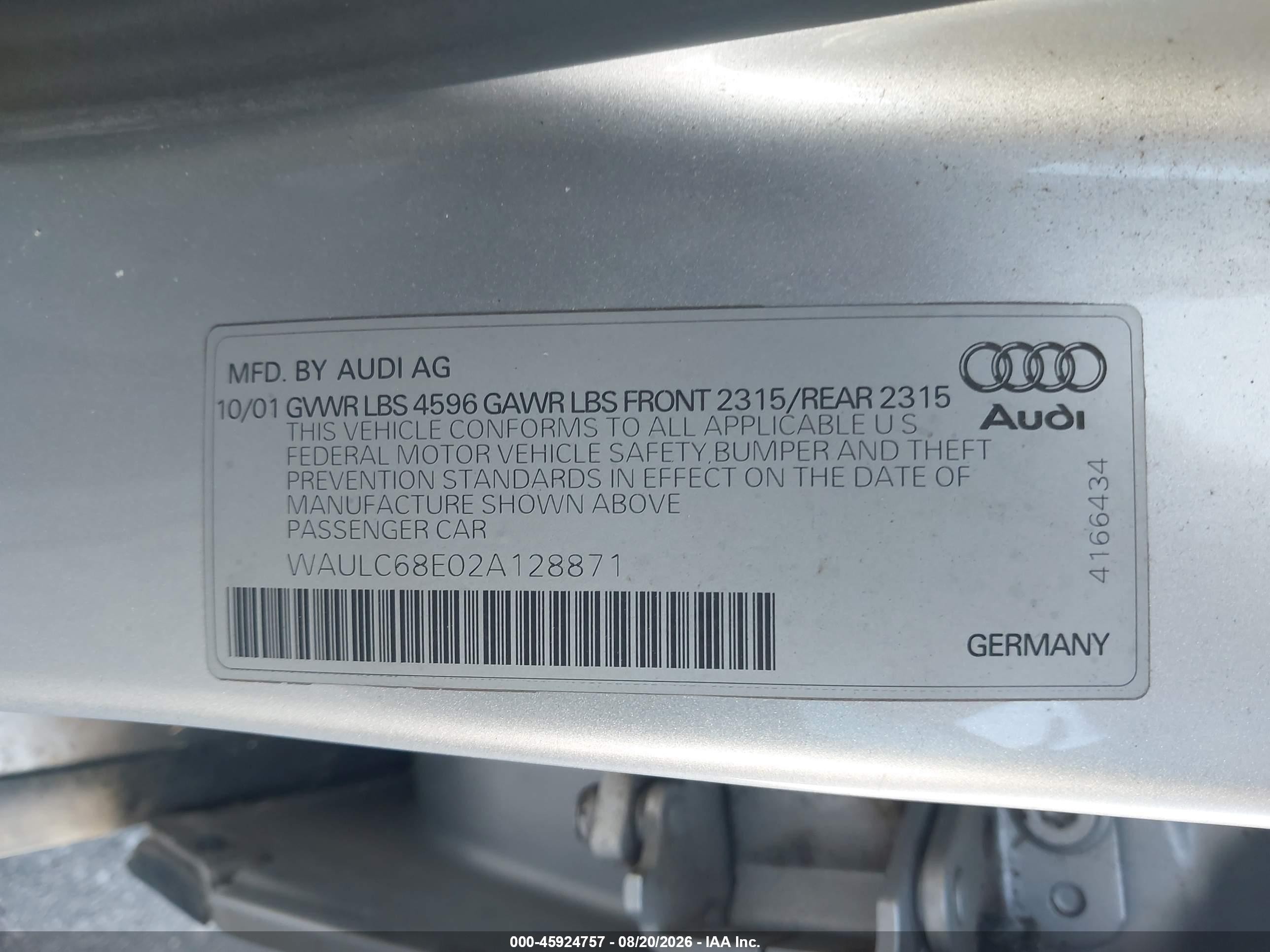 2002 Audi A4 1.8t Silver vin: WAULC68E02A128871