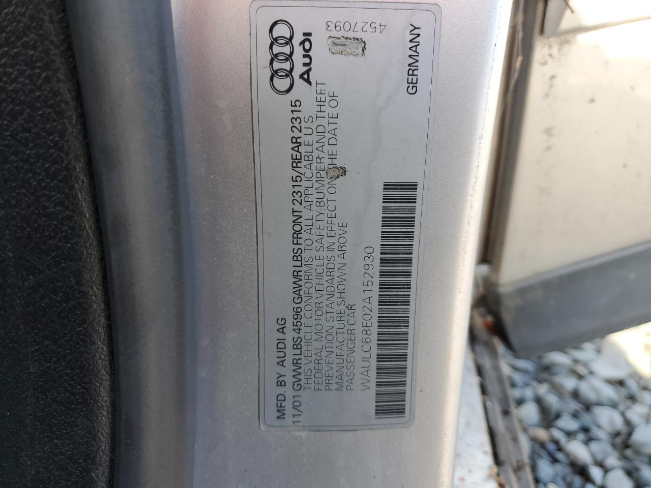 2002 Audi A4 1.8t Quattro Gray vin: WAULC68E02A152930