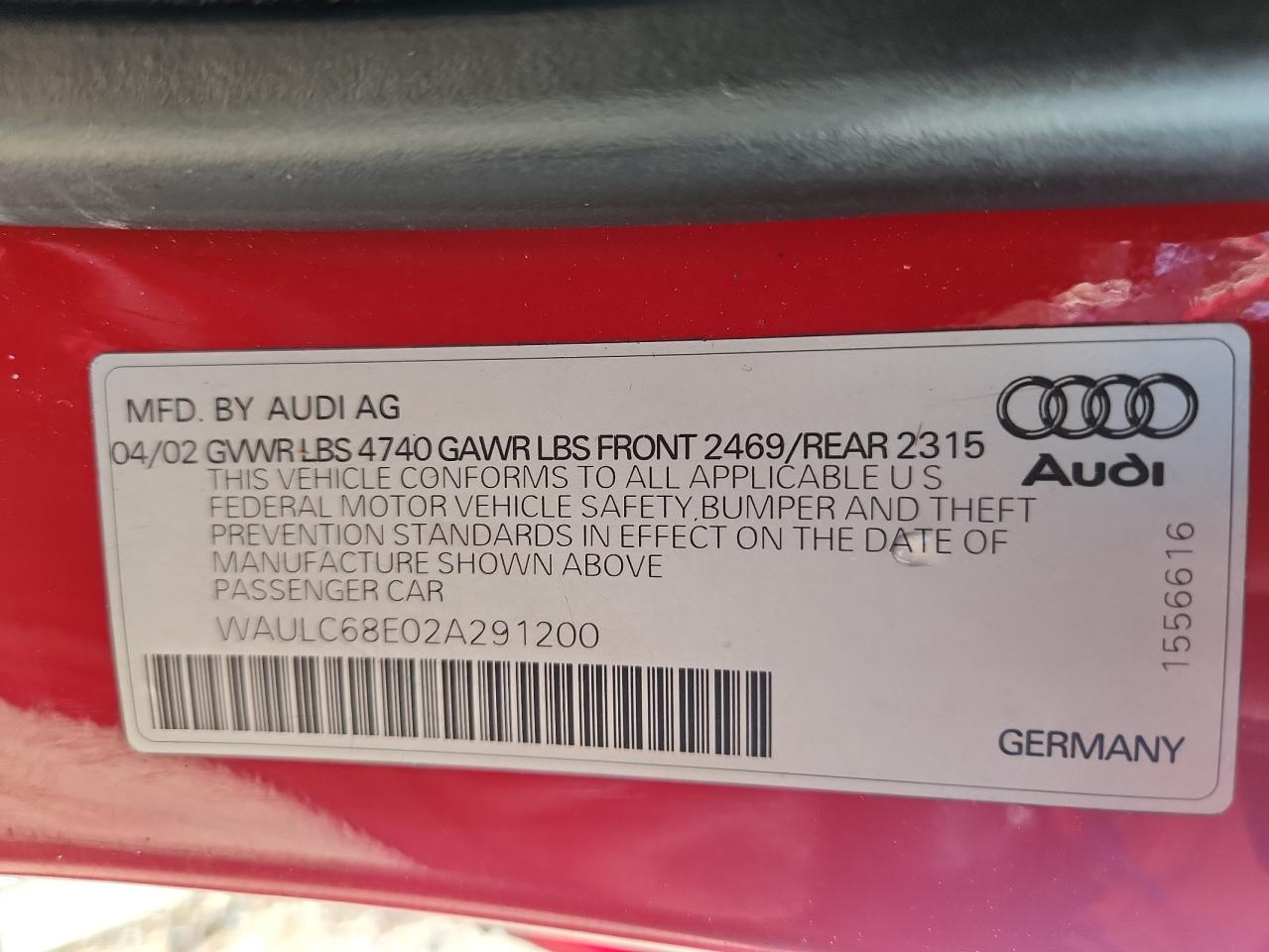 2002 Audi A4 1.8t Quattro Red vin: WAULC68E02A291200