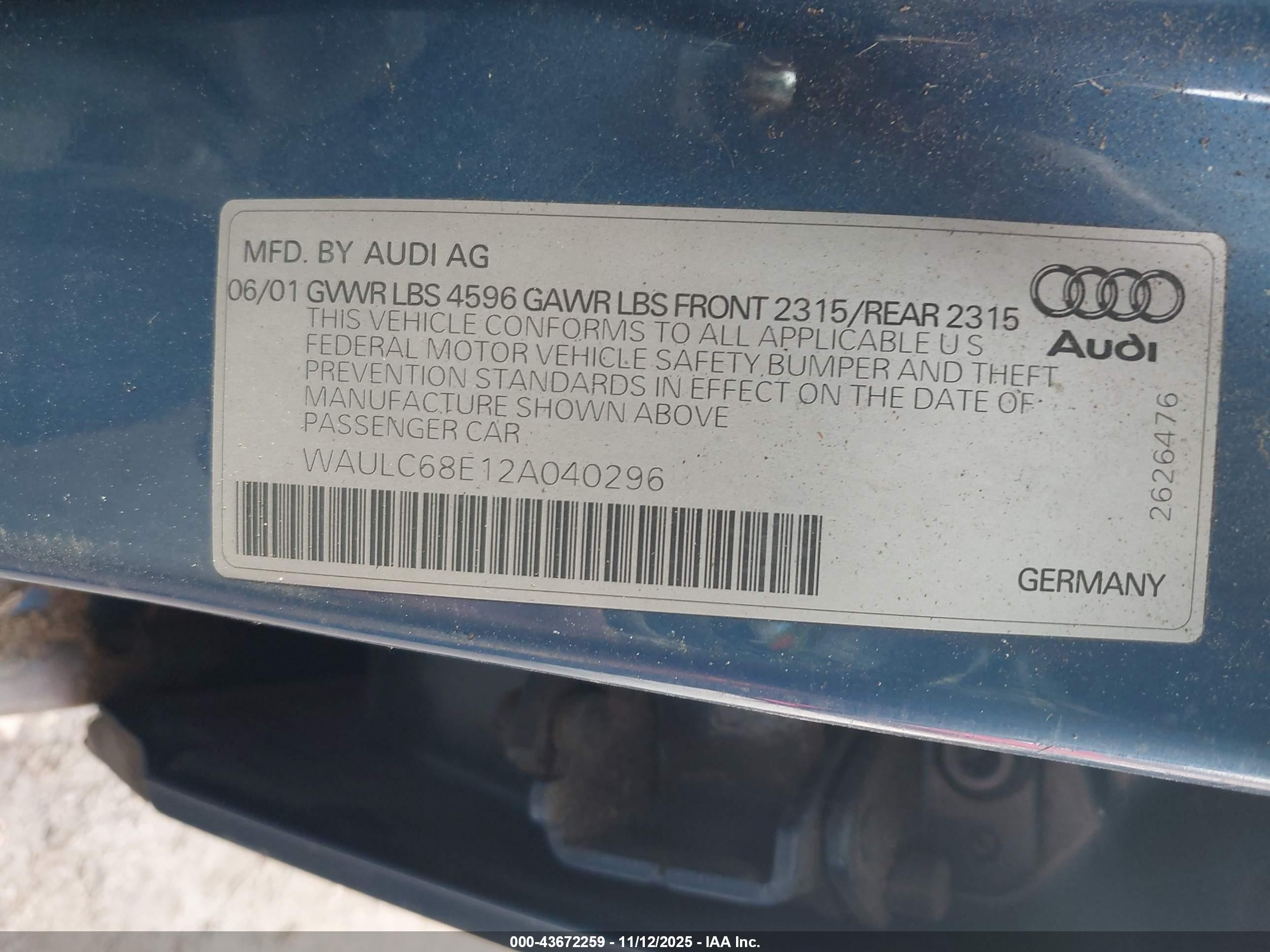 2002 Audi A4 1.8t Blue vin: WAULC68E12A040296