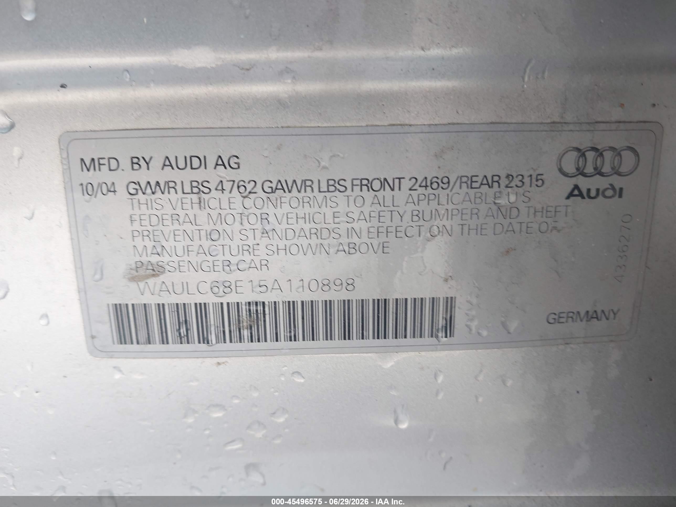 2005 Audi A4 1.8t Special Edition Silver vin: WAULC68E15A110898