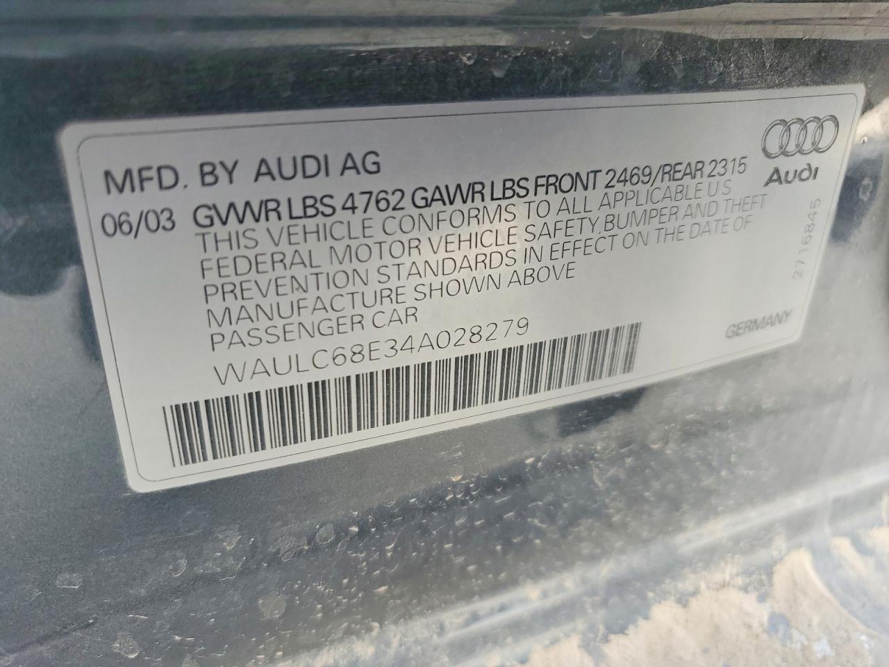 2004 Audi A4 1.8t Quattro Gray vin: WAULC68E34A028279