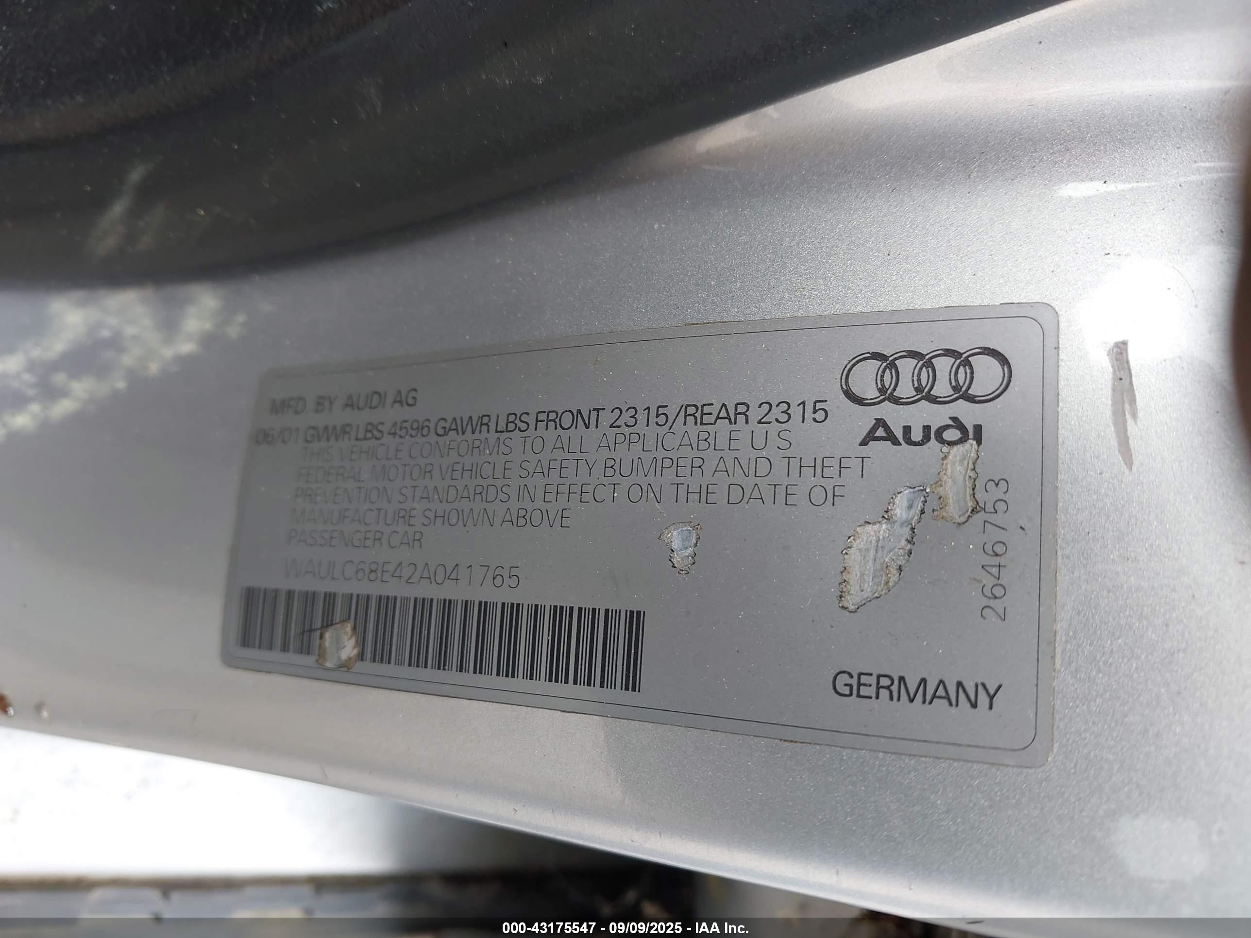 2002 Audi A4 1.8t Silver vin: WAULC68E42A041765
