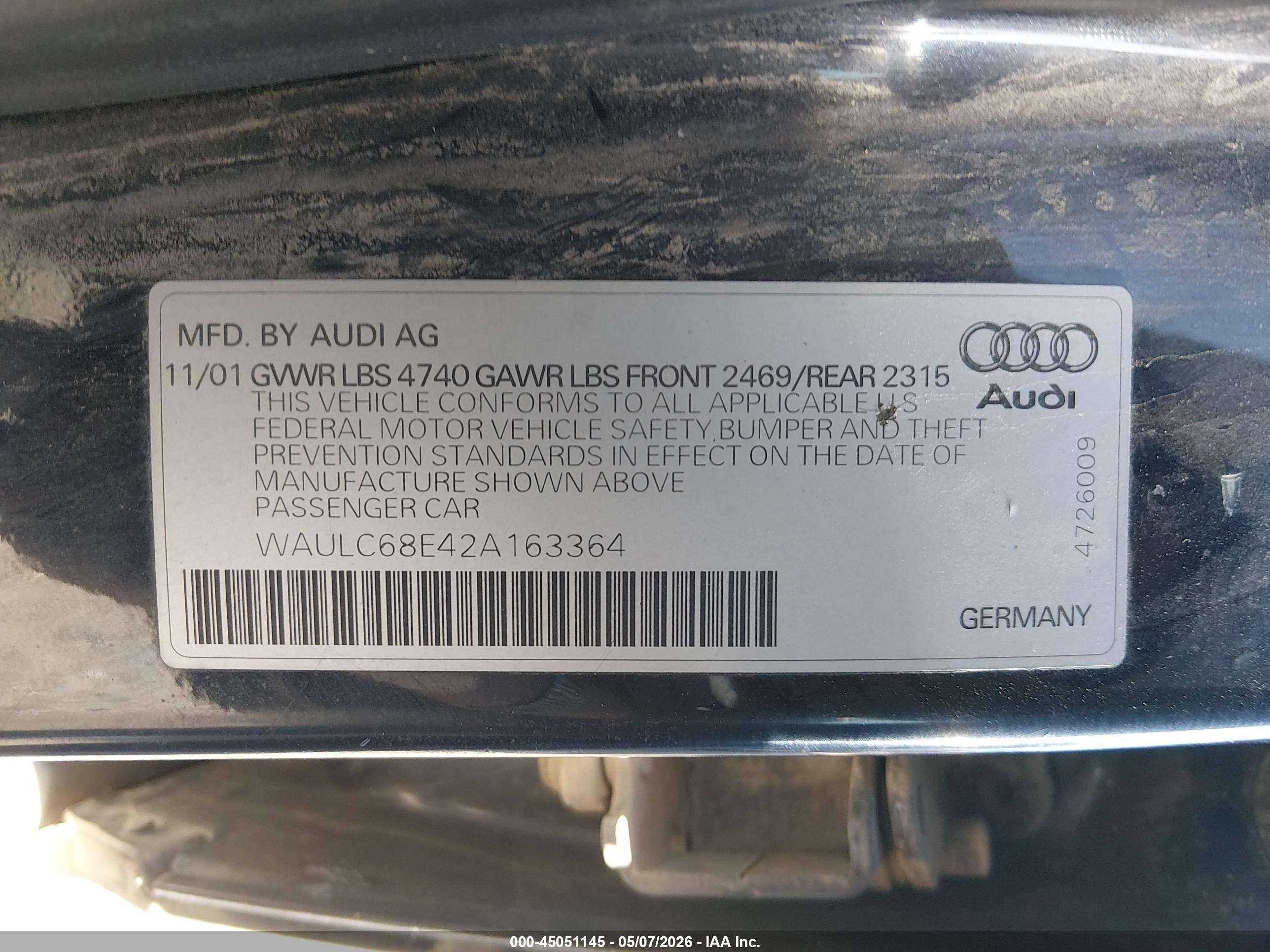 2002 Audi A4 1.8t Black vin: WAULC68E42A163364