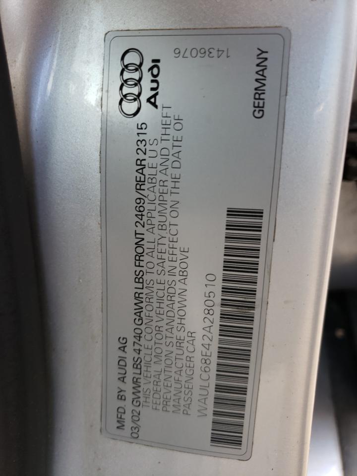 2002 Audi A4 1.8t Quattro Silver vin: WAULC68E42A280510