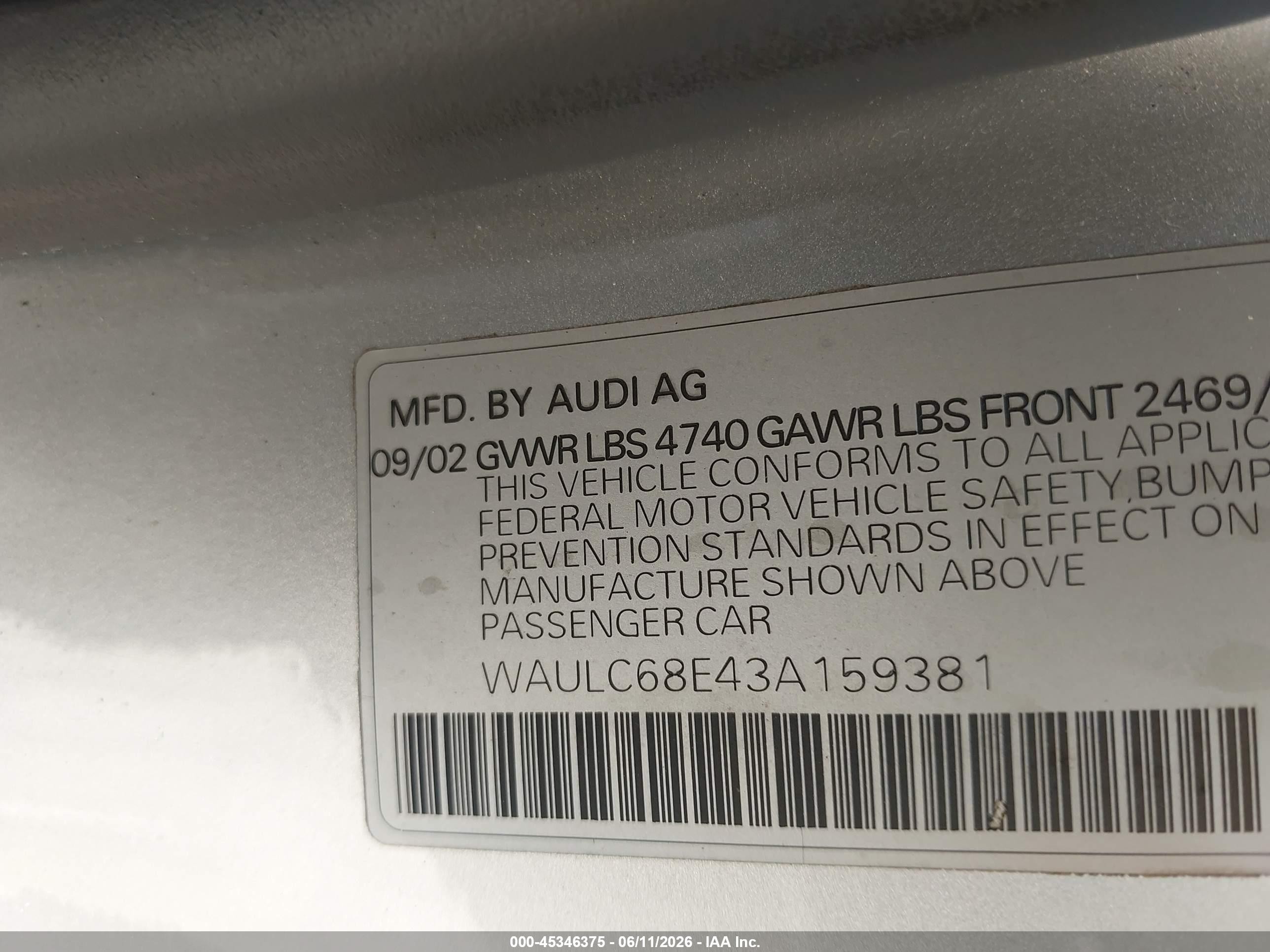 2003 Audi A4 1.8t Silver vin: WAULC68E43A159381