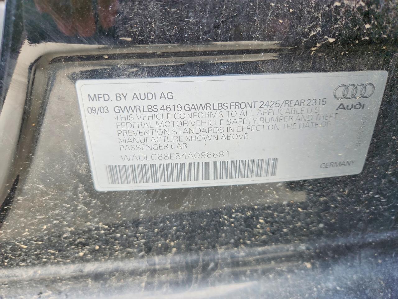 2004 Audi A4 1.8t Quattro Black vin: WAULC68E54A096681