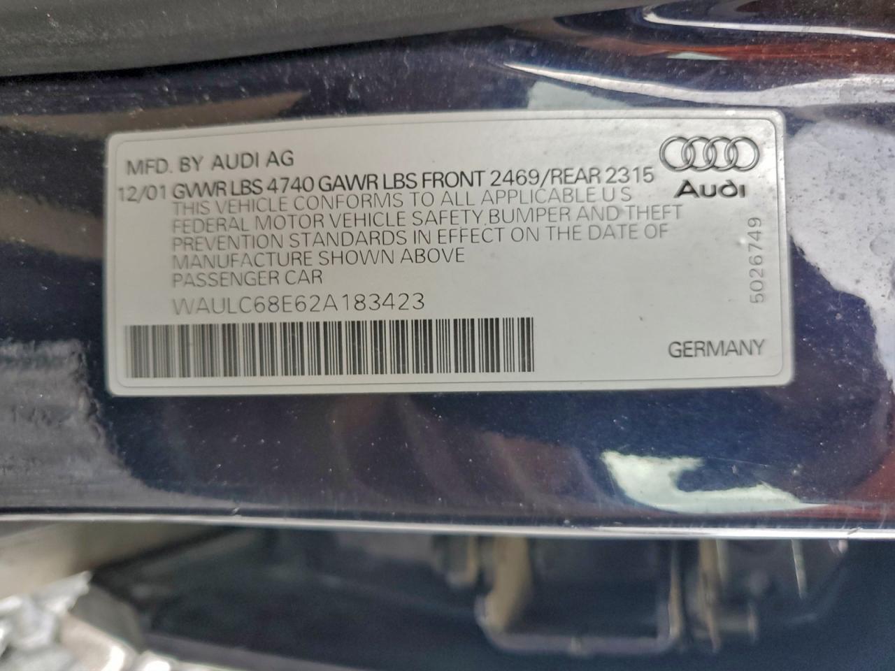 2002 Audi A4 1.8t Quattro Blue vin: WAULC68E62A183423