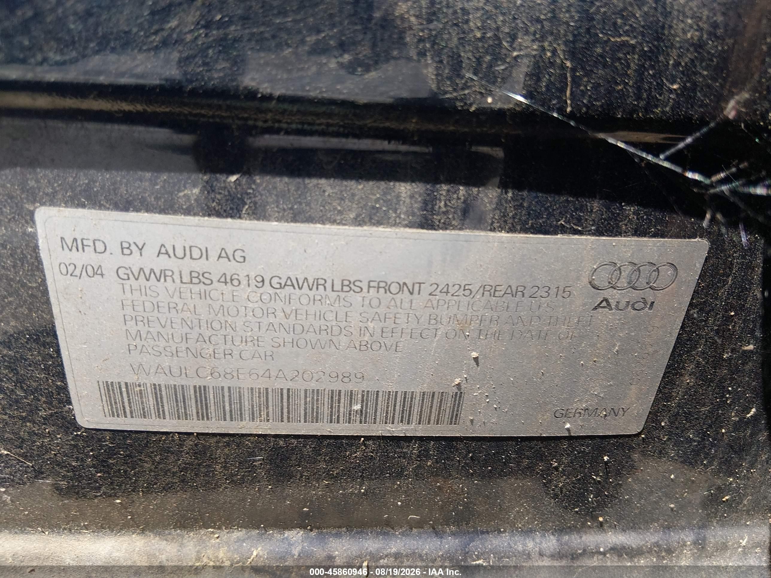 2004 Audi A4 1.8t Blue vin: WAULC68E64A202989