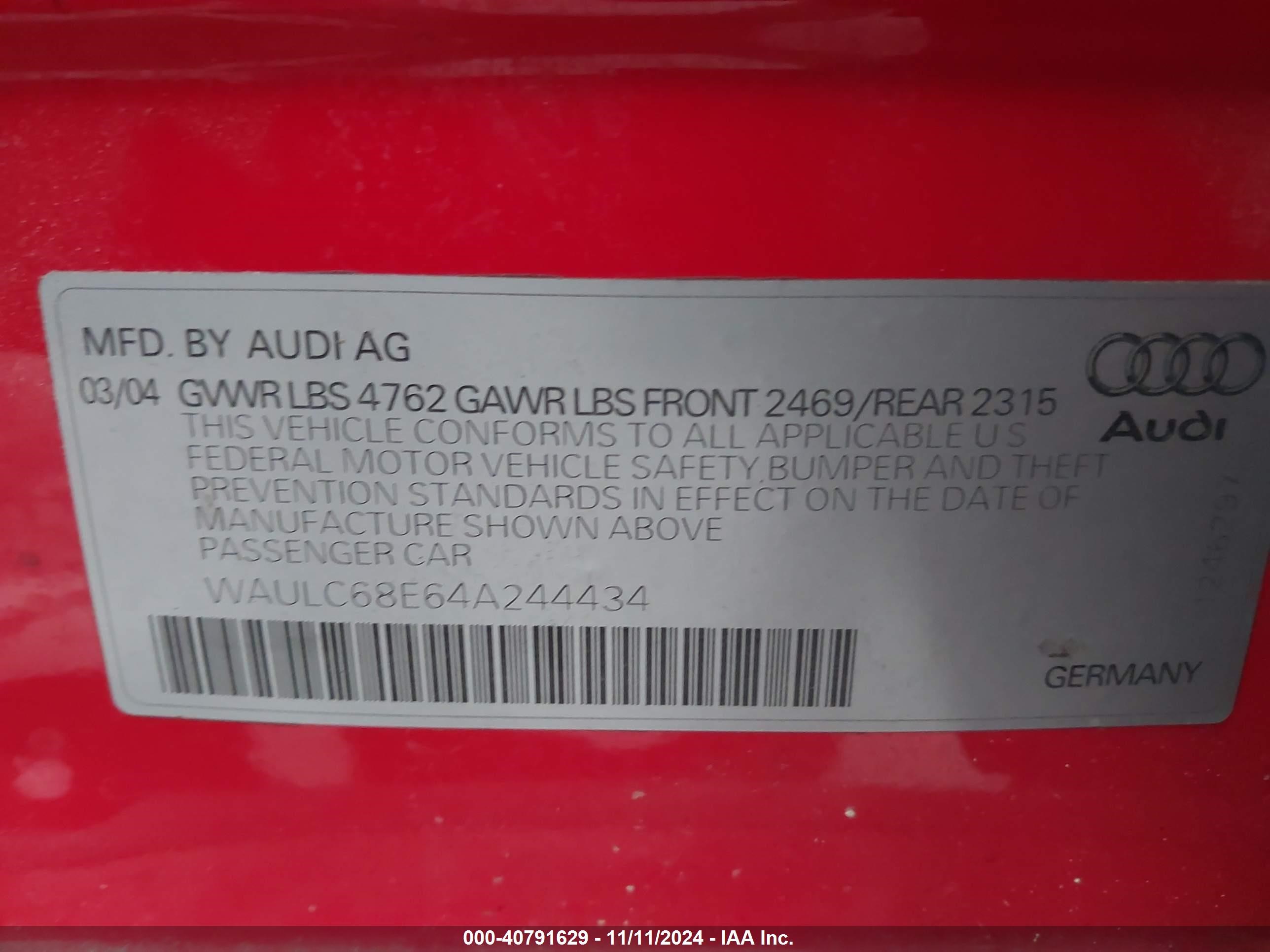 WAULC68E64A244434 — 2004 AUDI A4 History & VIN | AutoHelperBot