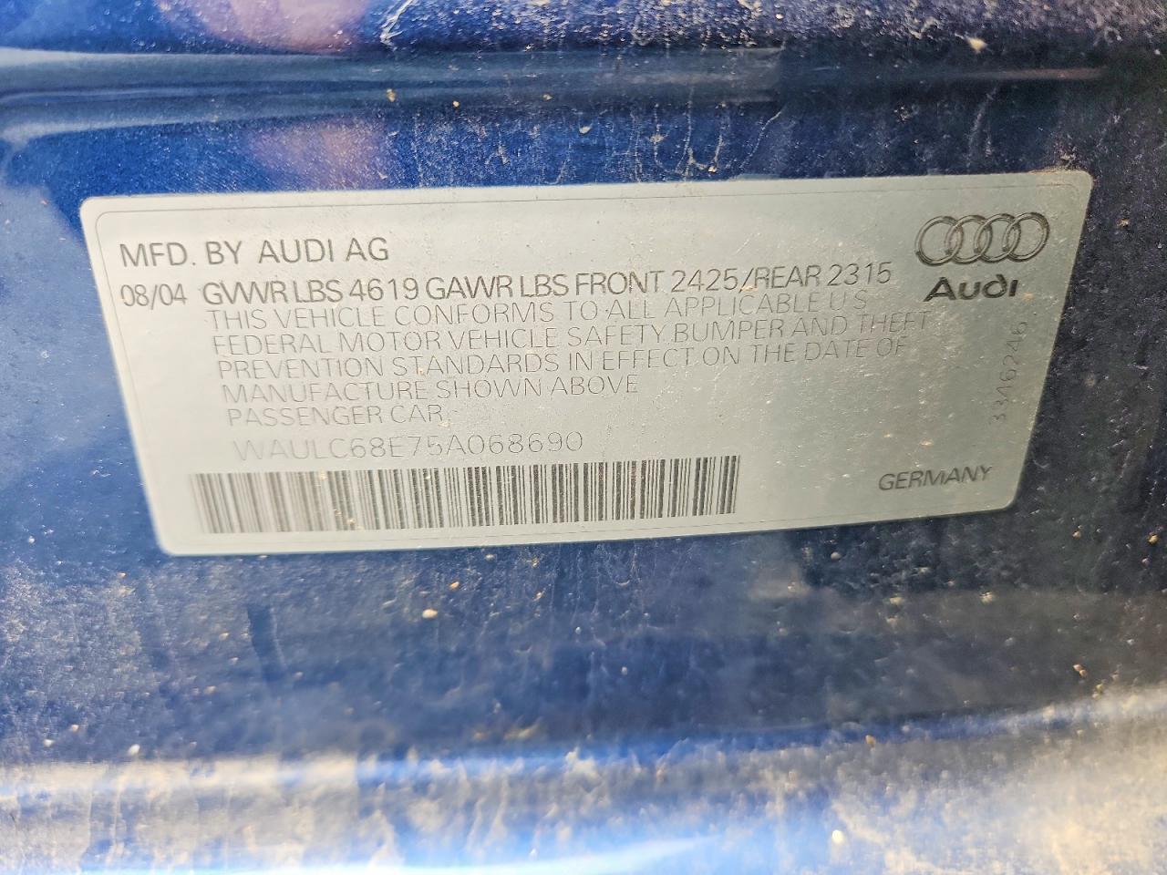 2005 Audi A4 1.8t Quattro Blue vin: WAULC68E75A068690