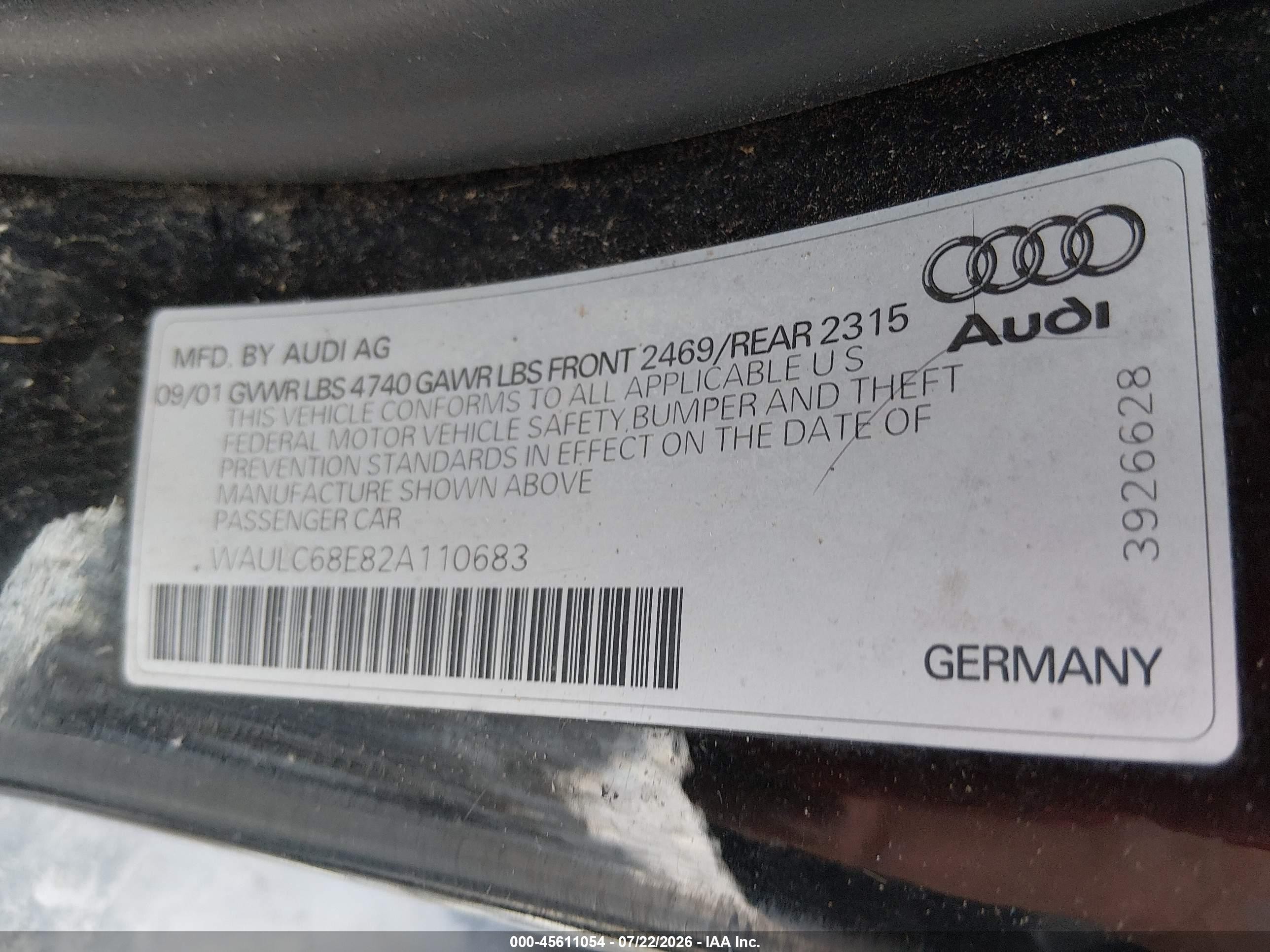 2002 Audi A4 1.8t Black vin: WAULC68E82A110683