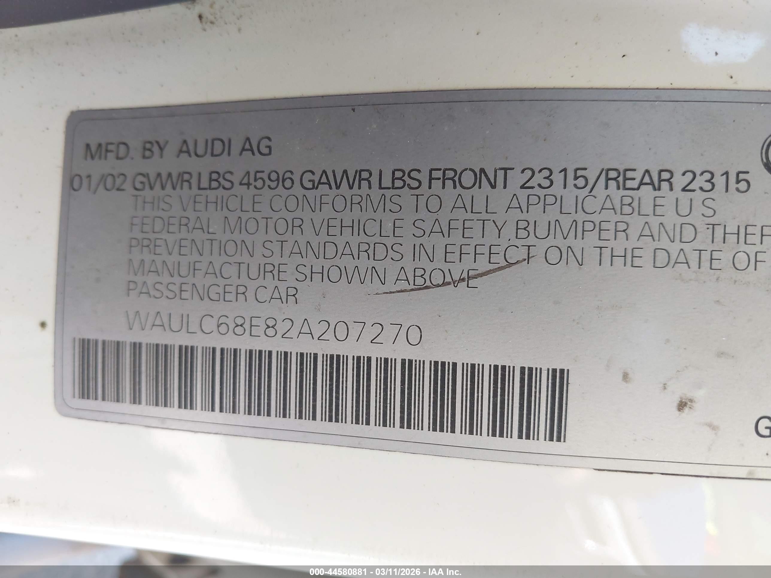 2002 Audi A4 1.8t White vin: WAULC68E82A207270