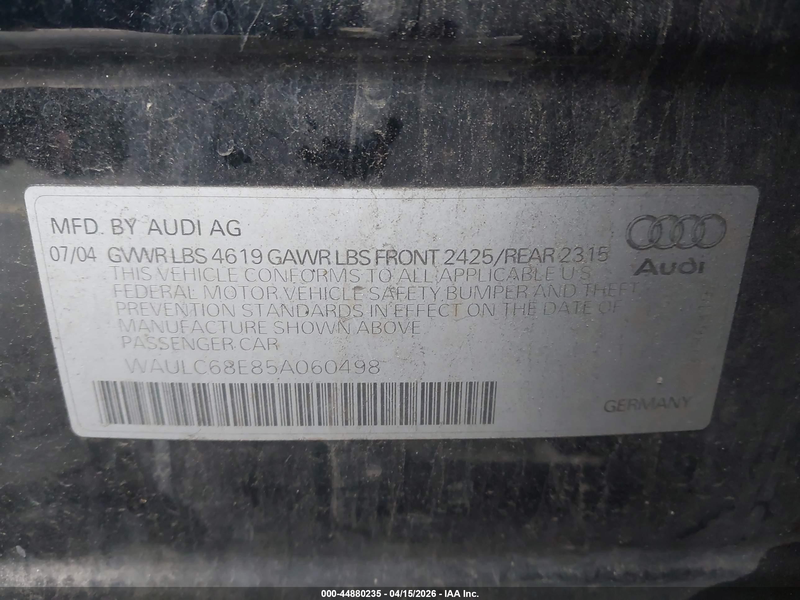 2005 Audi A4 1.8t Black vin: WAULC68E85A060498