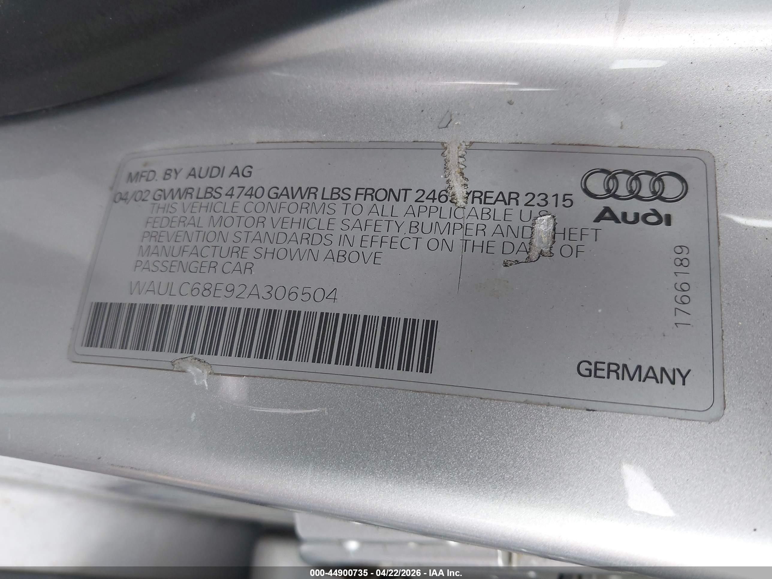 2002 Audi A4 1.8t Silver vin: WAULC68E92A306504