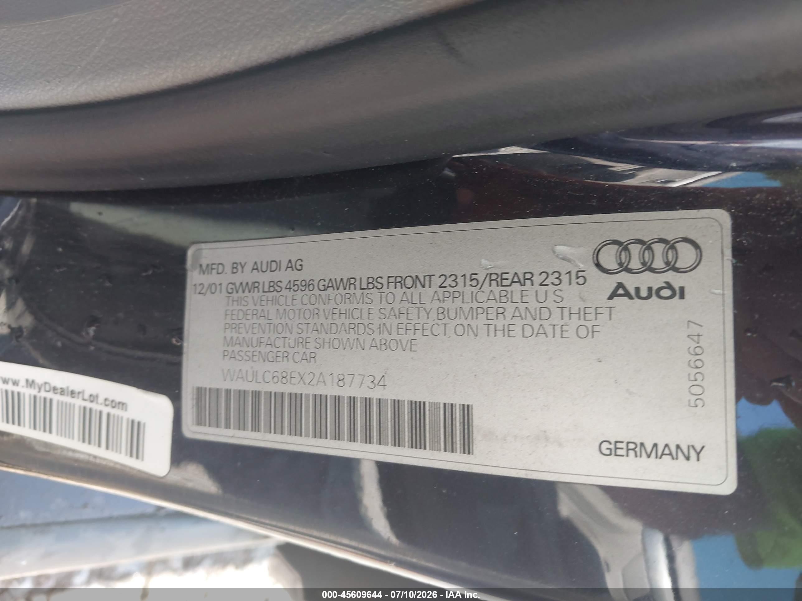 2002 Audi A4 1.8t Blue vin: WAULC68EX2A187734