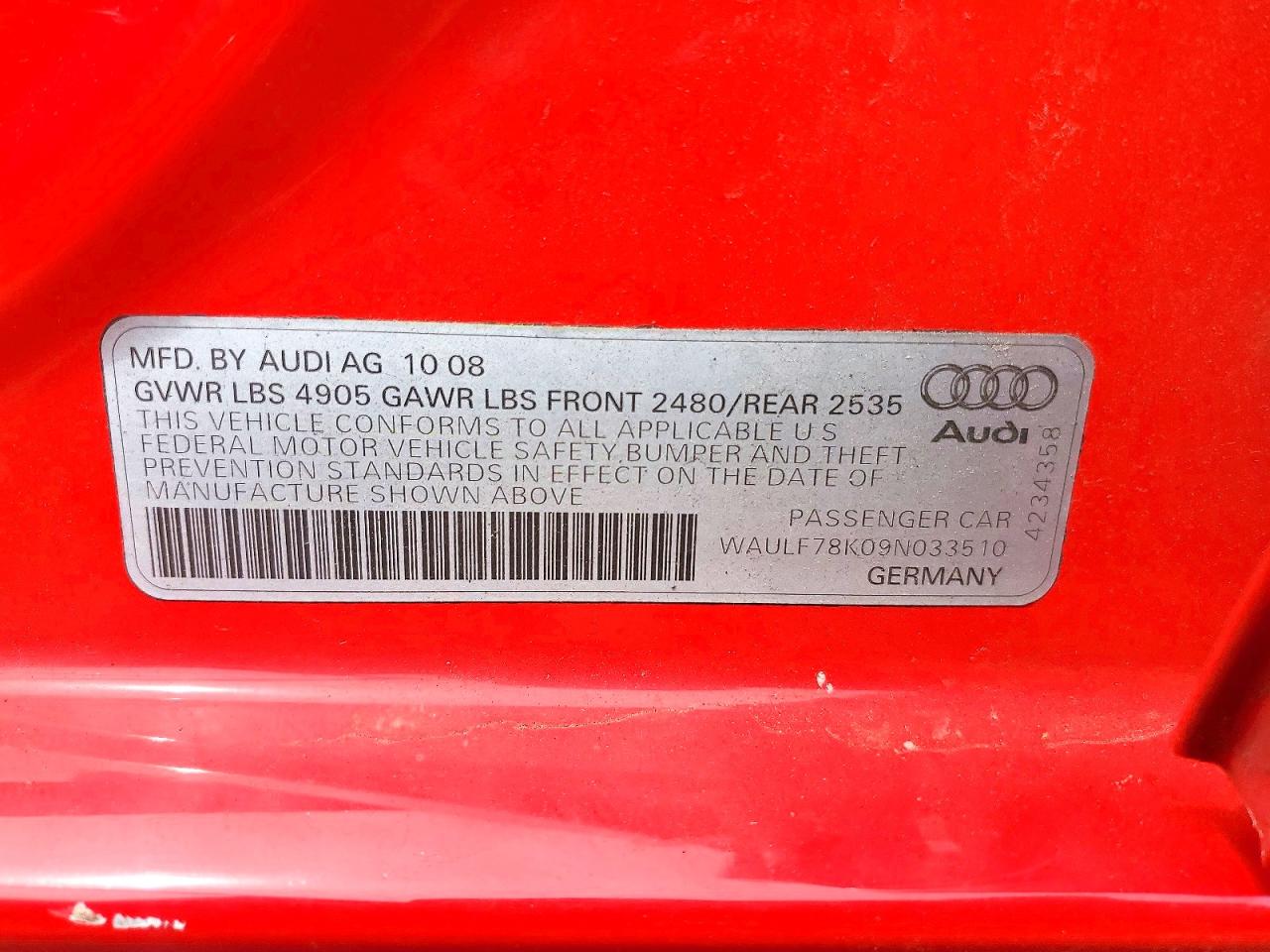 2009 Audi A4 2.0t Quattro Red vin: WAULF78K09N033510