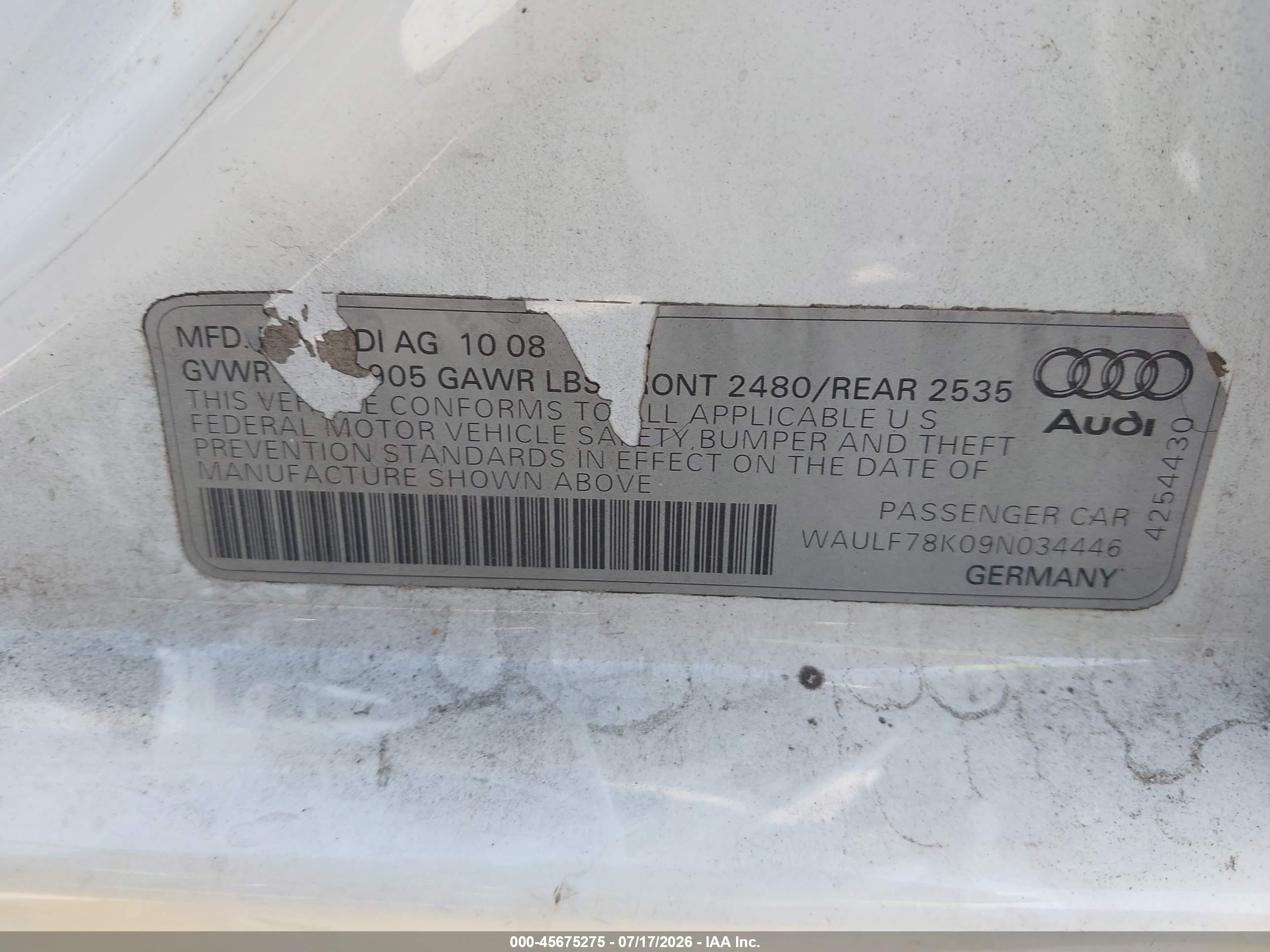 2009 Audi A4 2.0t Premium White vin: WAULF78K09N034446