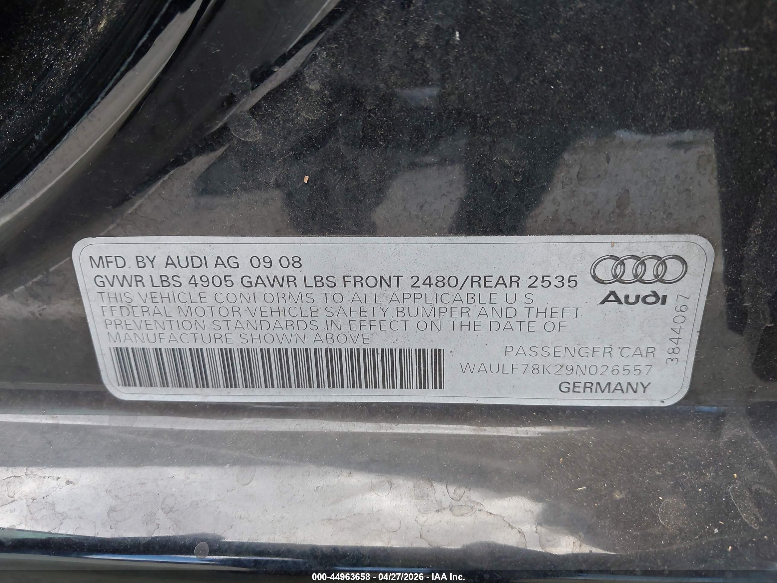 2009 Audi A4 2.0t Premium Black vin: WAULF78K29N026557