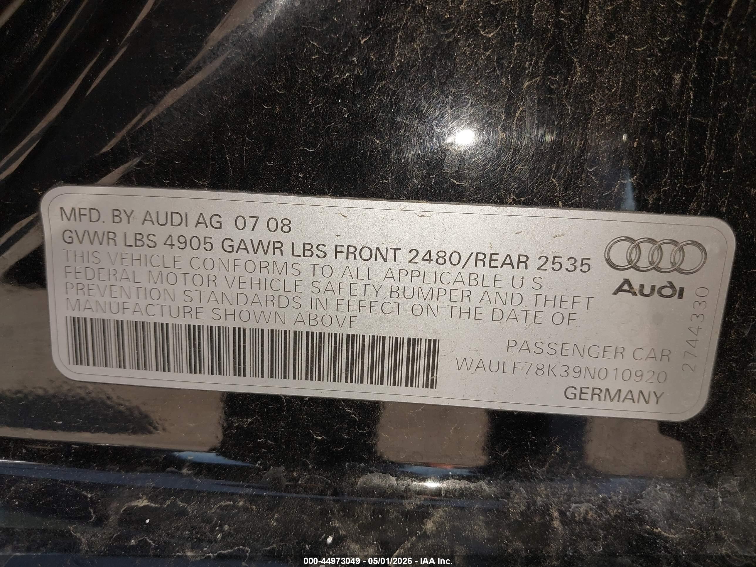2009 Audi A4 2.0t Premium Black vin: WAULF78K39N010920