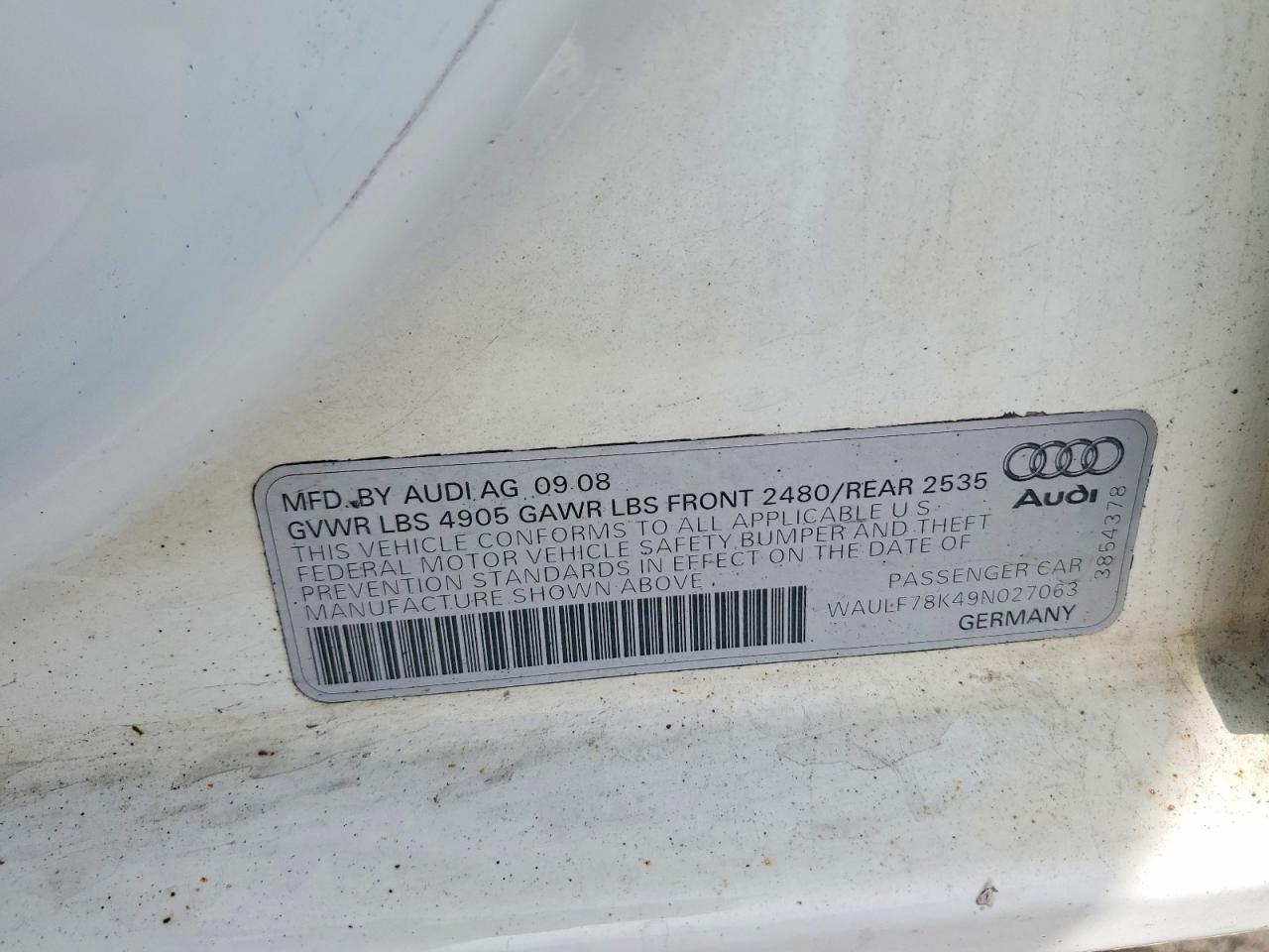 2009 Audi A4 2.0t Quattro White vin: WAULF78K49N027063