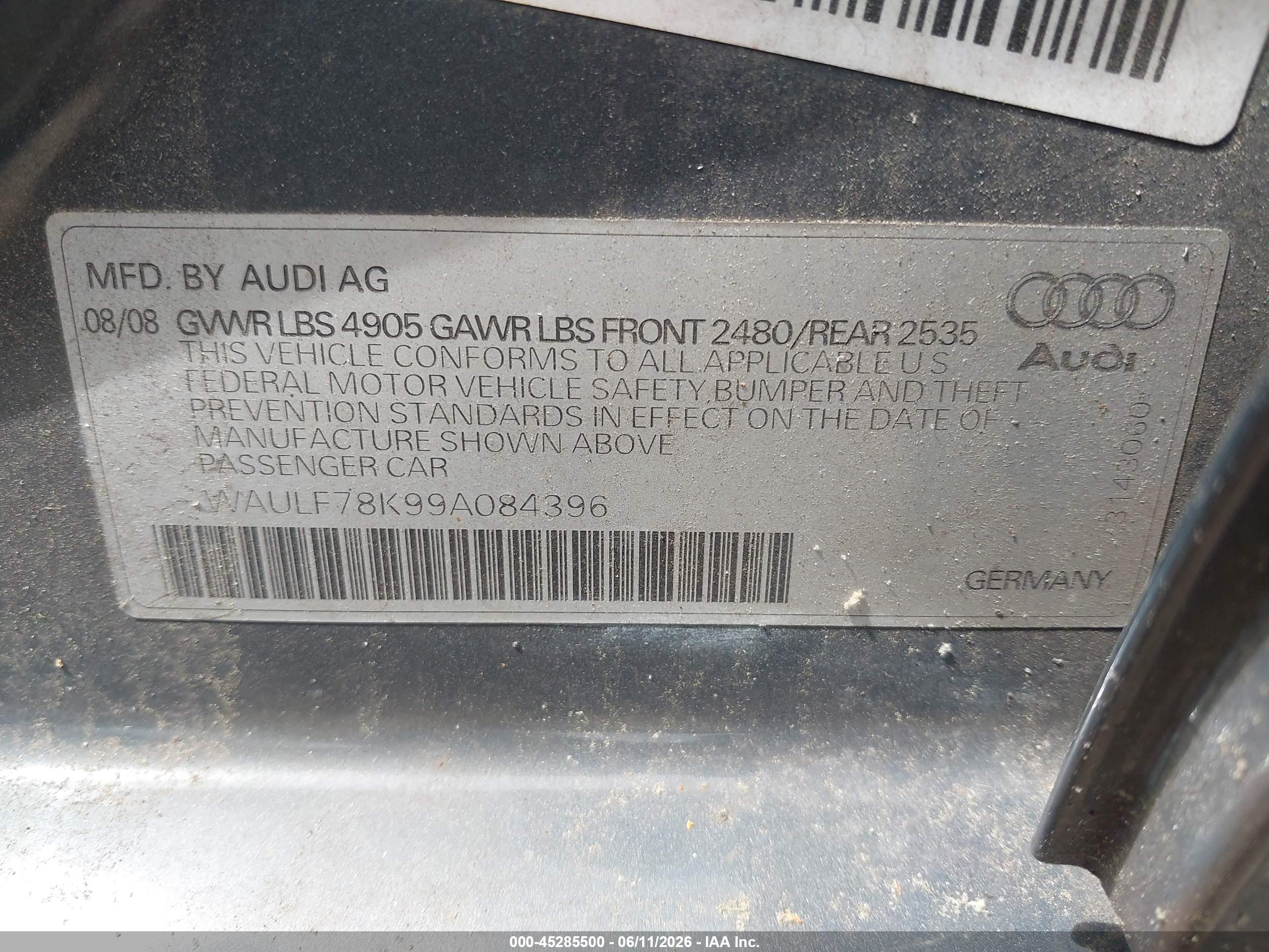 2009 Audi A4 2.0t Premium Gray vin: WAULF78K99A084396