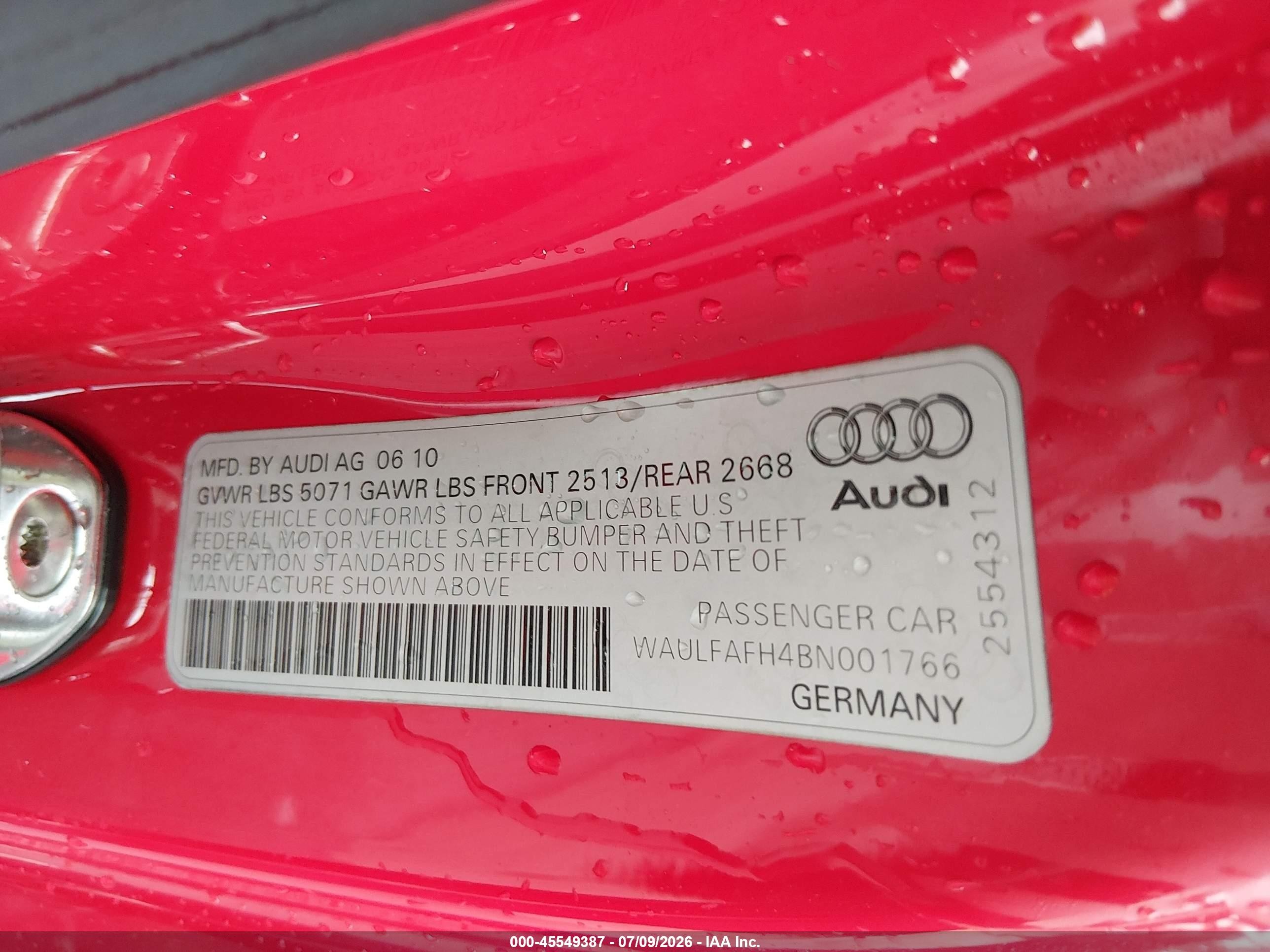 2011 Audi A5 2.0t Premium Red vin: WAULFAFH4BN001766