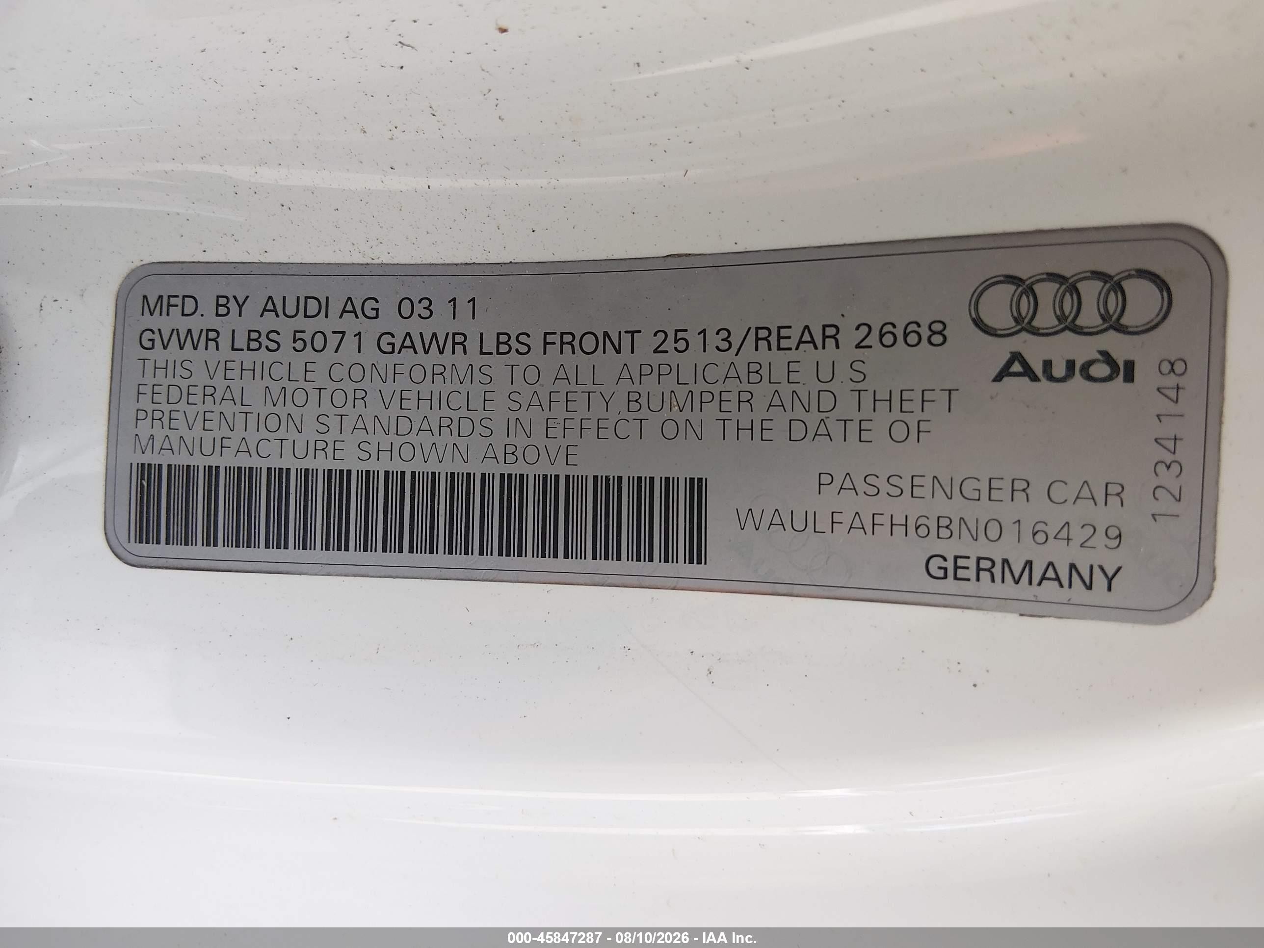 2011 Audi A5 2.0t Premium White vin: WAULFAFH6BN016429
