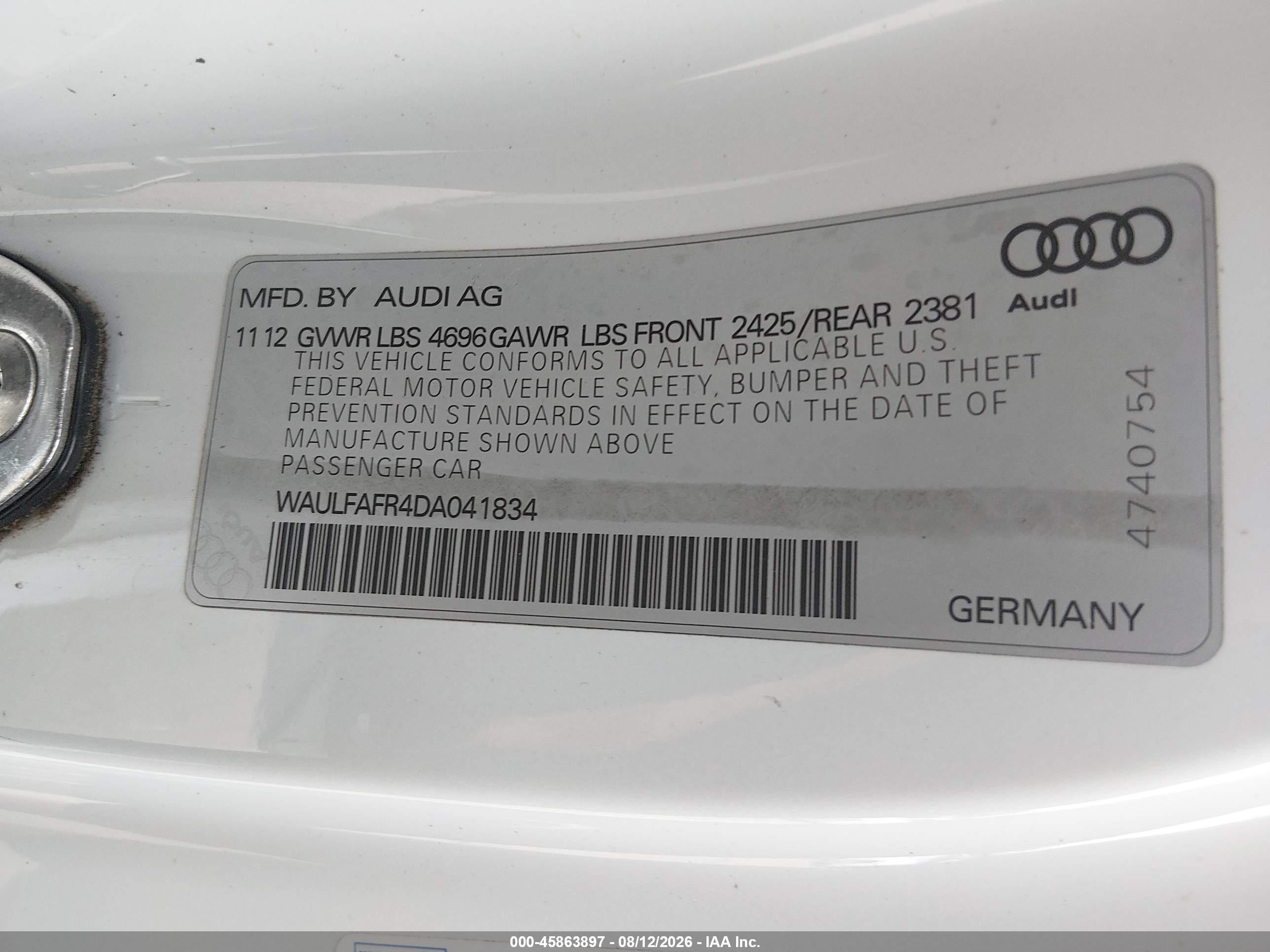 2013 Audi A5 2.0t Premium White vin: WAULFAFR4DA041834