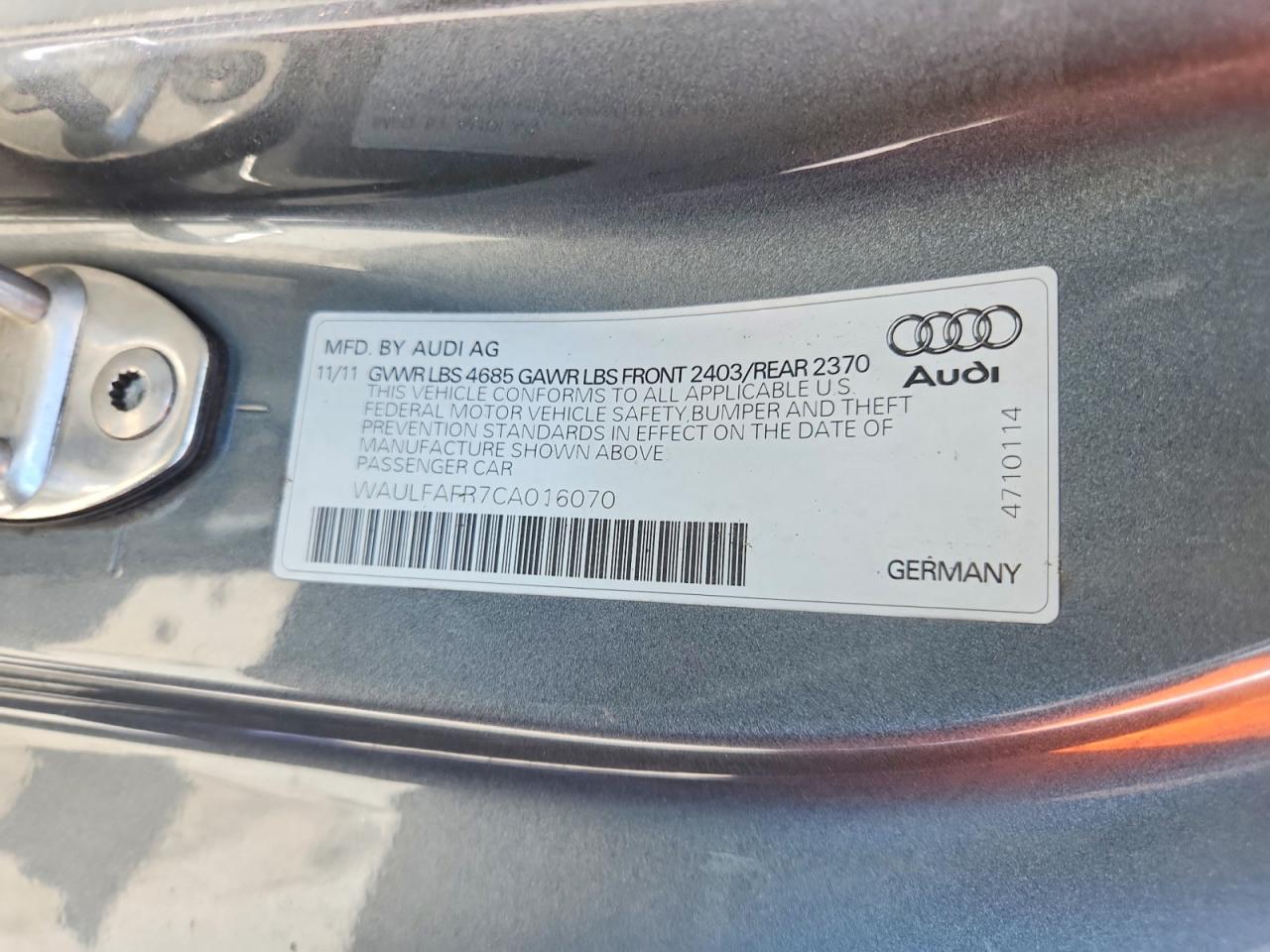 2012 Audi A5 Premium Plus Charcoal vin: WAULFAFR7CA016070