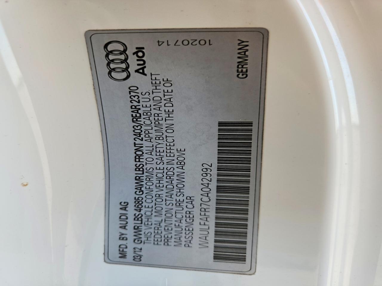 2012 Audi A5 Premium Plus White vin: WAULFAFR7CA042992