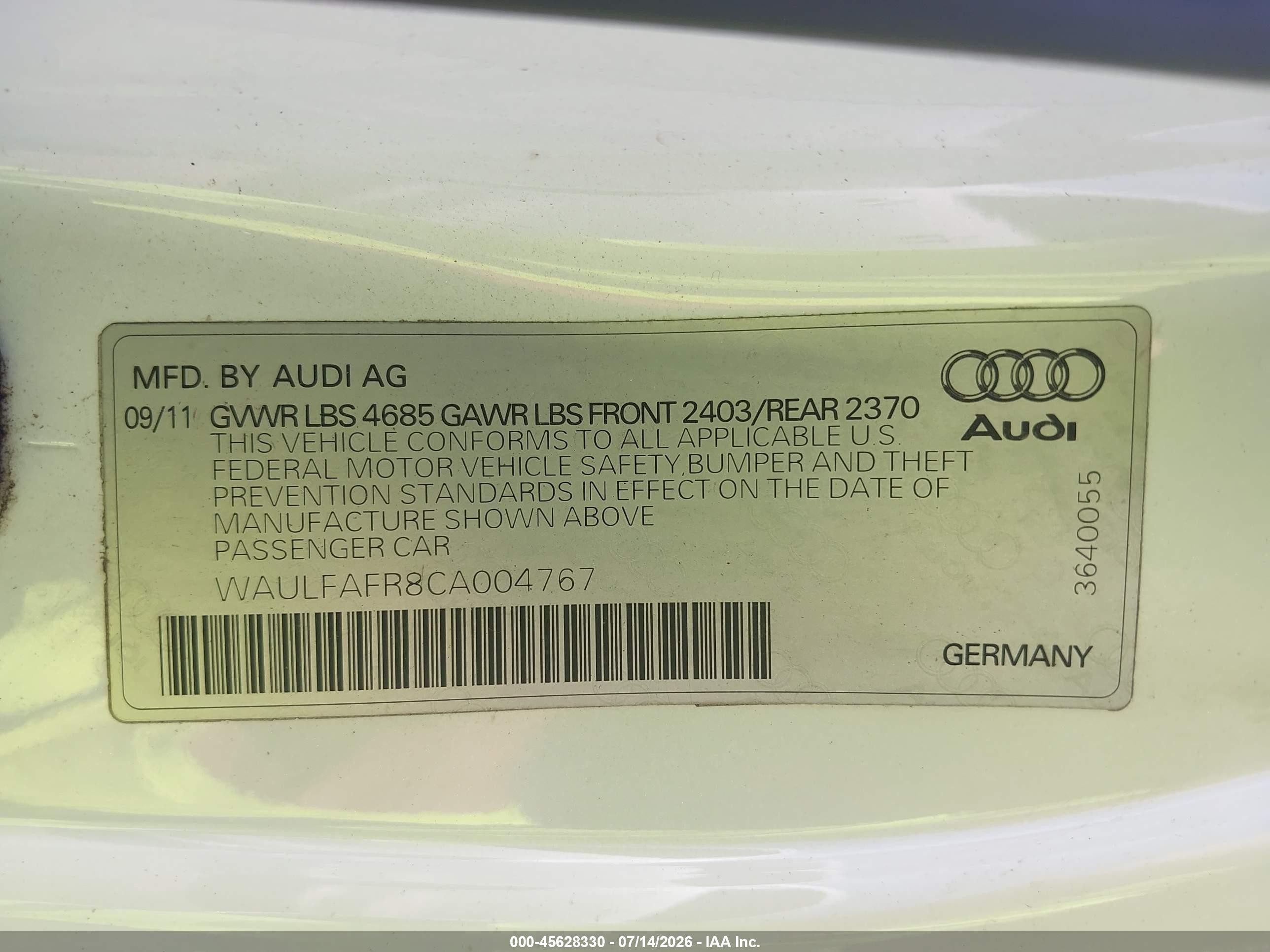 2012 Audi A5 2.0t Premium Plus White vin: WAULFAFR8CA004767