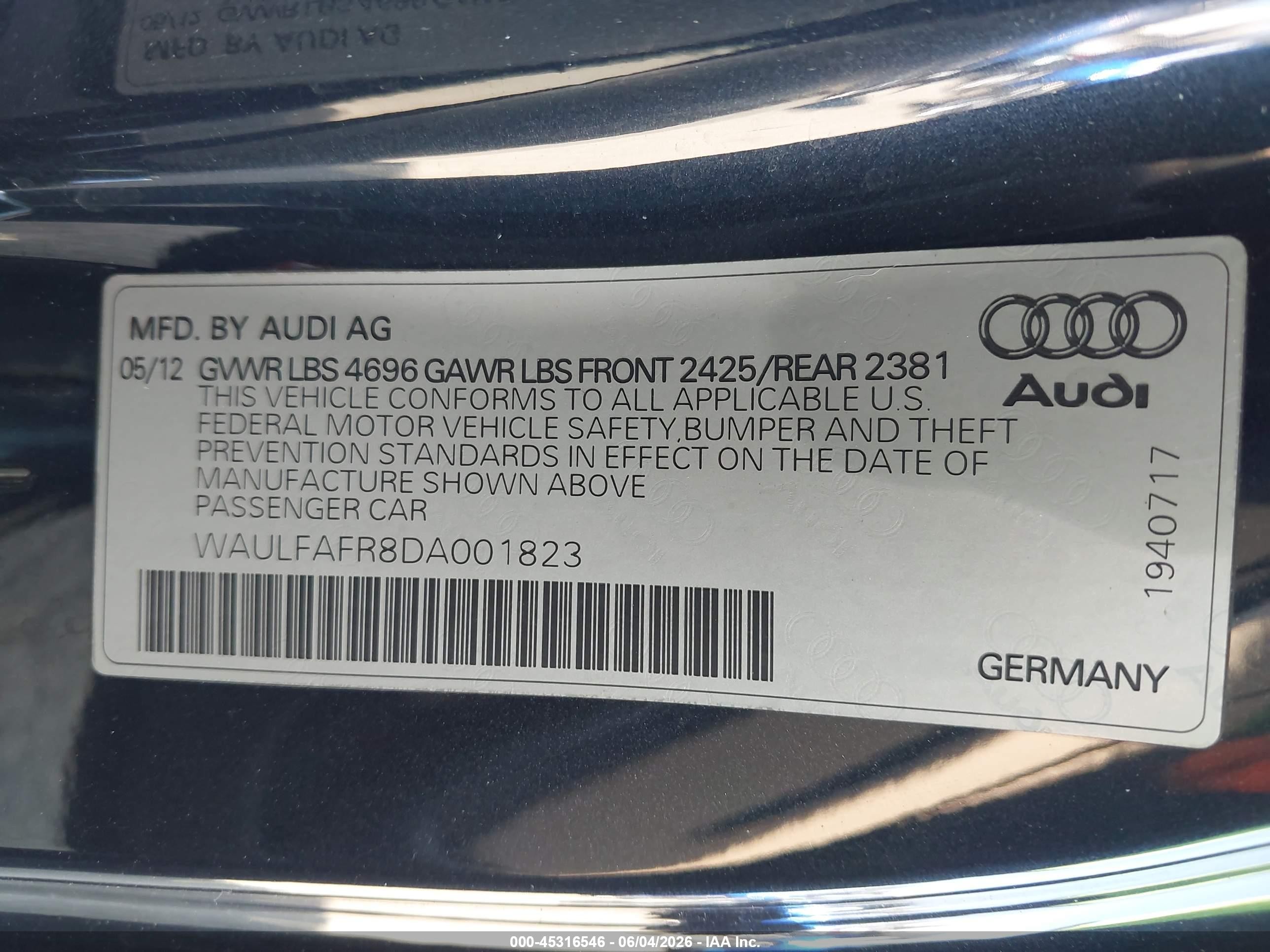 2013 Audi A5 2.0t Premium Черный vin: WAULFAFR8DA001823