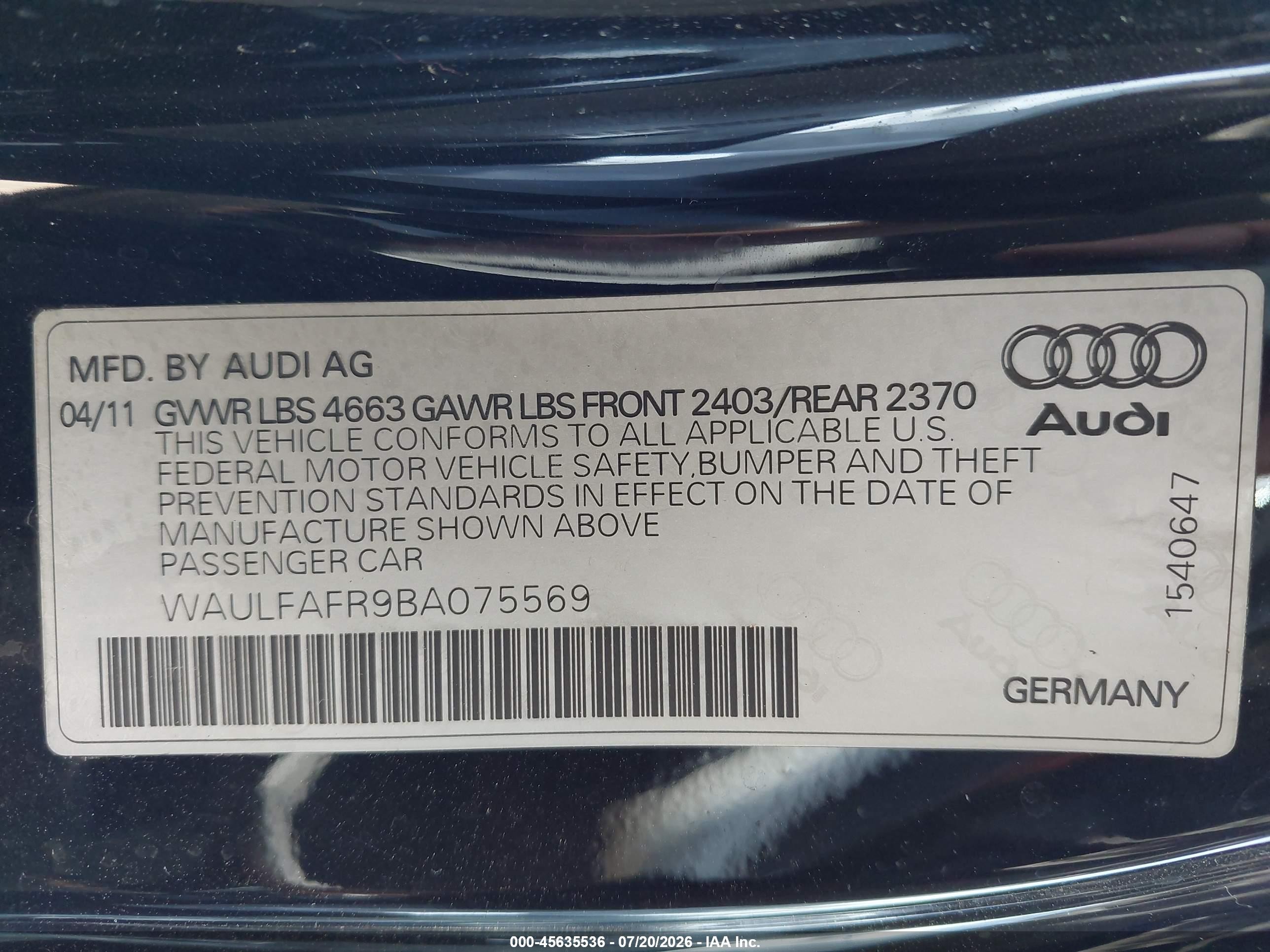 2011 Audi A5 2.0t Premium Black vin: WAULFAFR9BA075569
