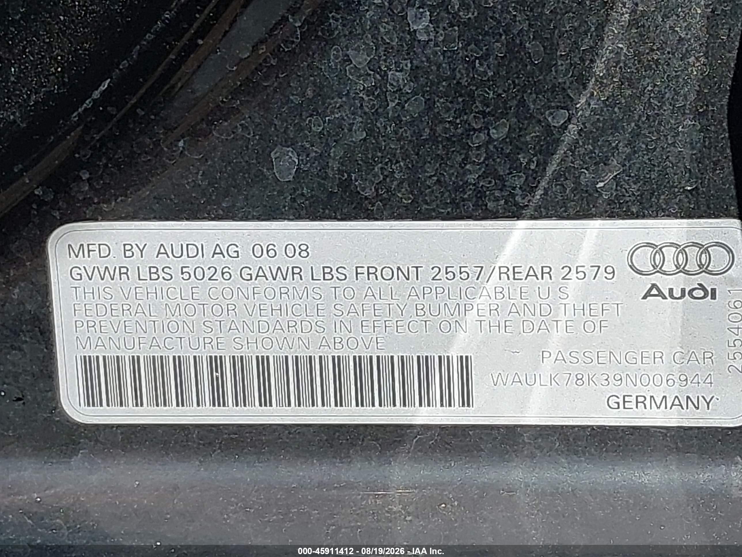 2009 Audi A4 3.2 Premium Plus Black vin: WAULK78K39N006944