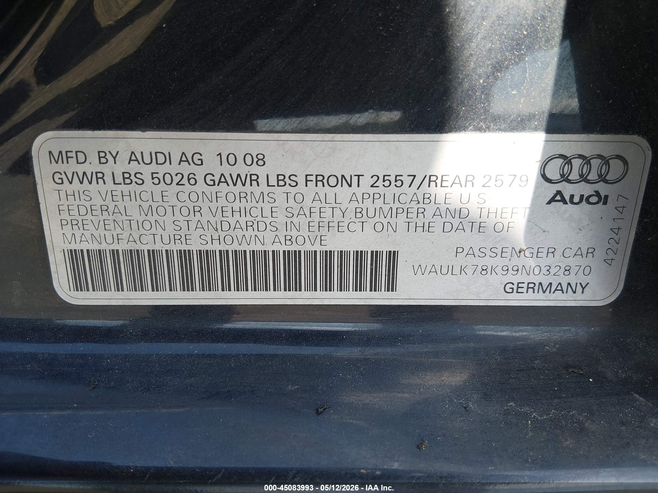 2009 Audi A4 3.2 Premium Plus Blue vin: WAULK78K99N032870