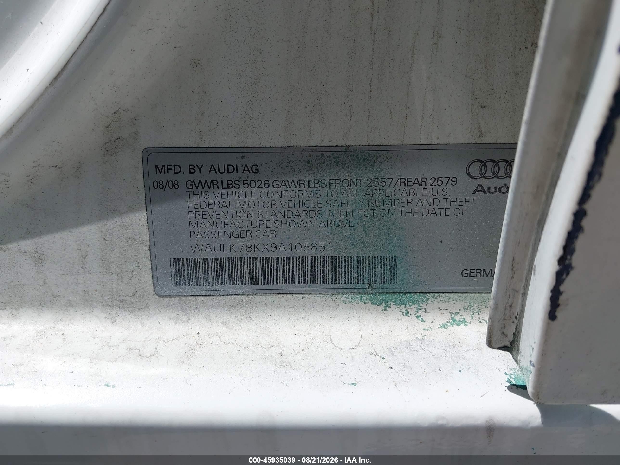 2009 Audi A4 3.2 Premium Plus Белый vin: WAULK78KX9A105851