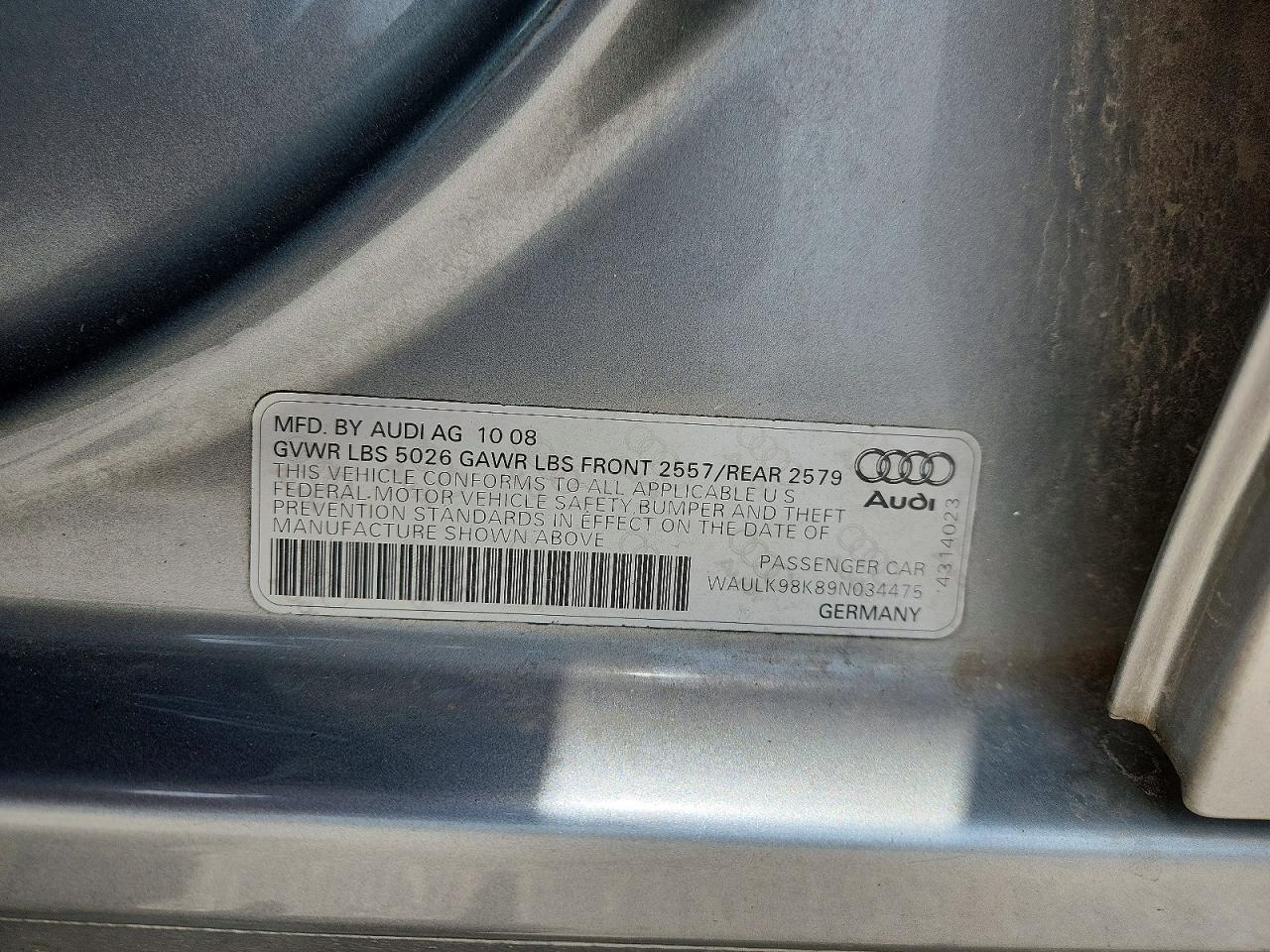2009 Audi A4 3.2 Quattro Silver vin: WAULK98K89N034475