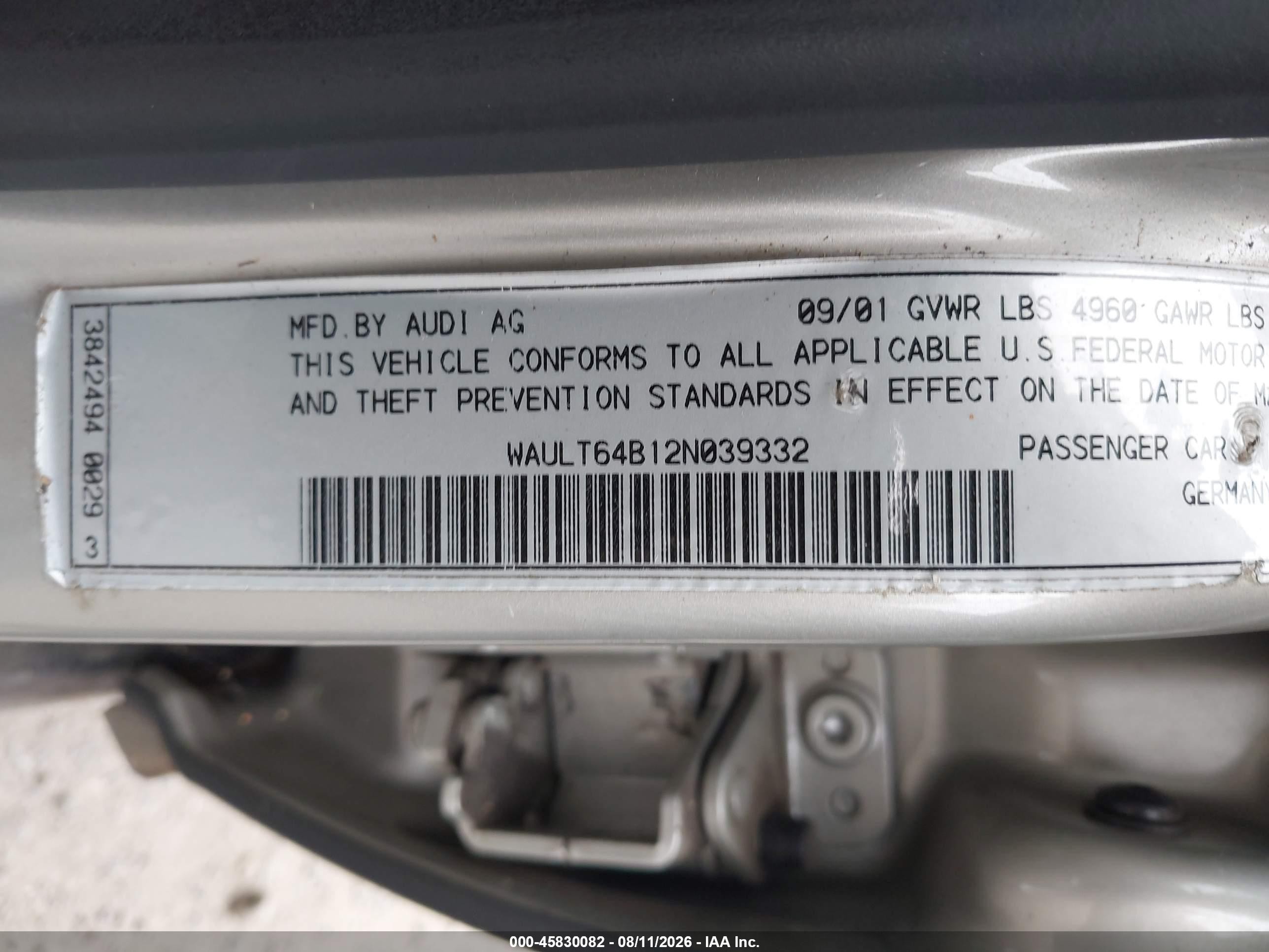 2002 Audi A6 3.0 Quattro Beige vin: WAULT64B12N039332